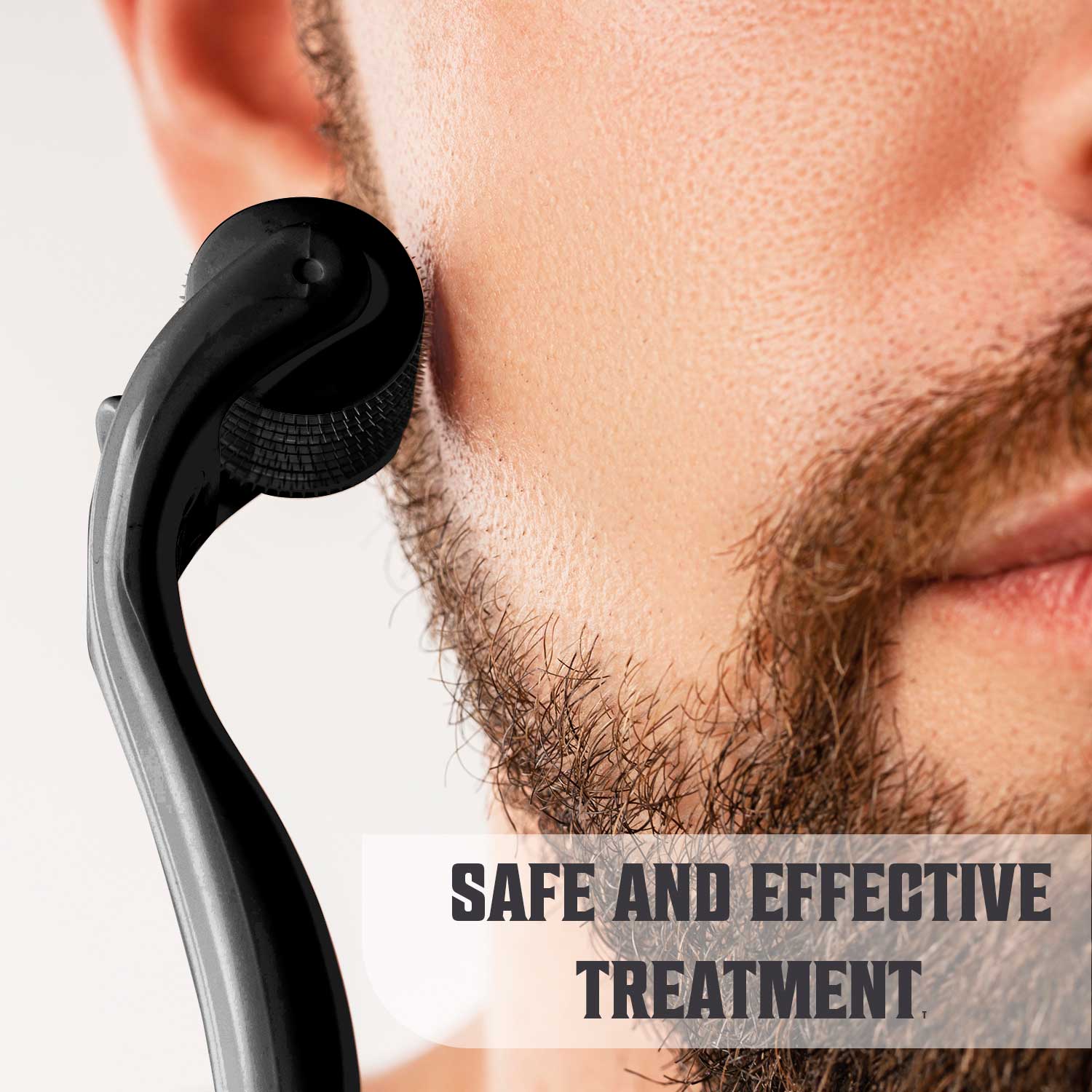 A bearded man applies a skin roller to his face; the text reads SAFE AND EFFECTIVE TREATMENT, ideal for pairing with your Beard Growth Kit.