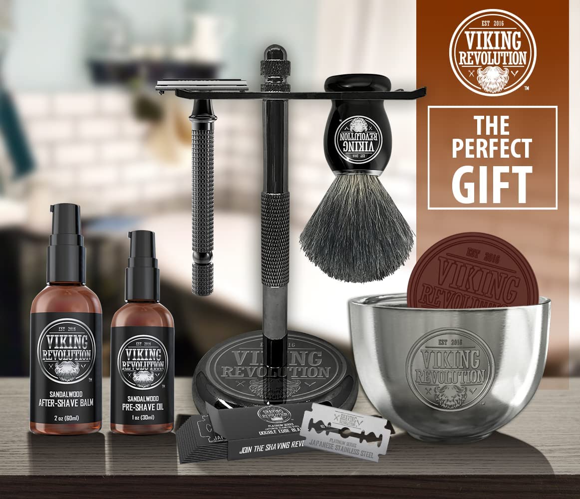 Luxury Safety Razor Shaving Kit by Viking Revolution: The Perfect Gift for beard grooming aficionados, complete with a safety razor, brush, bowl, blades, and bottles.