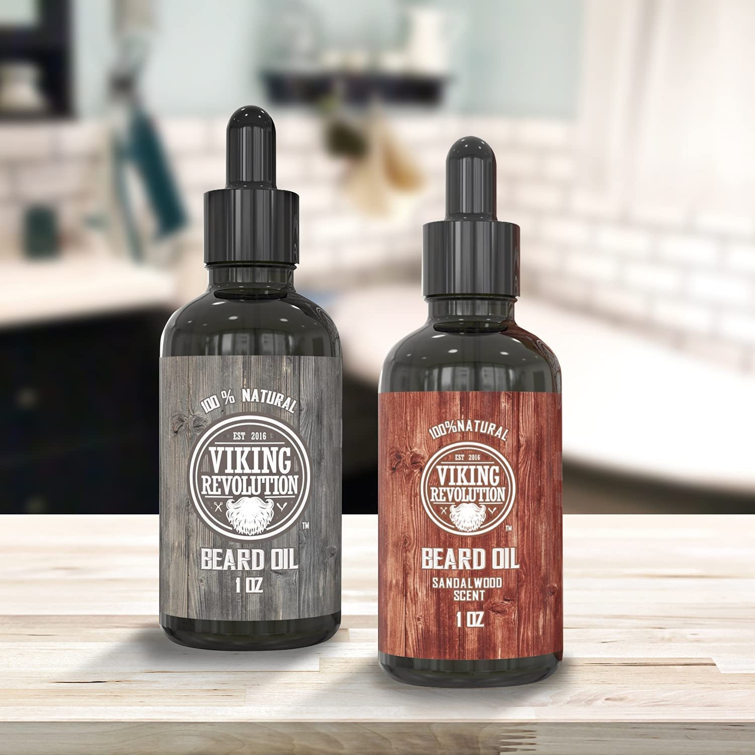 Two bottles of Sandalwood & Unscented Beard Oil - 2 Pack on a wooden kitchen surface.