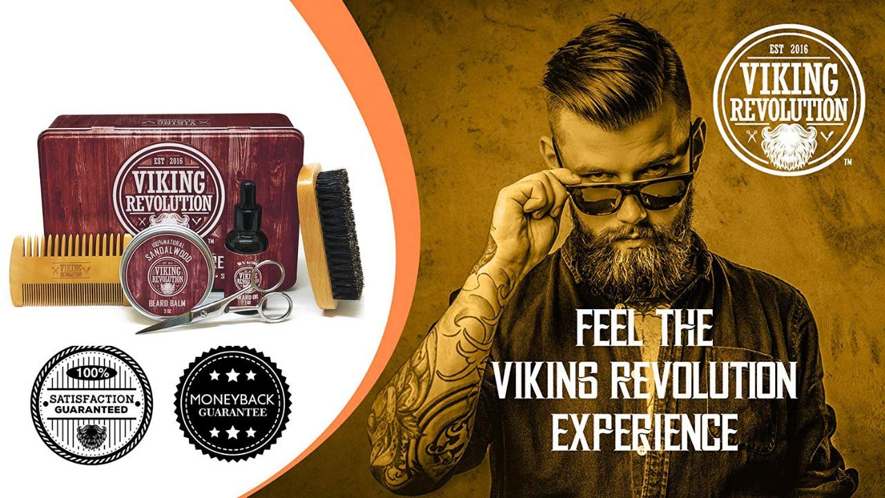 Beard grooming products on display featuring a man in sunglasses and the text "Feel the Viking Revolution Experience" with our Sandalwood Beard Care Kit in a Metal Box.