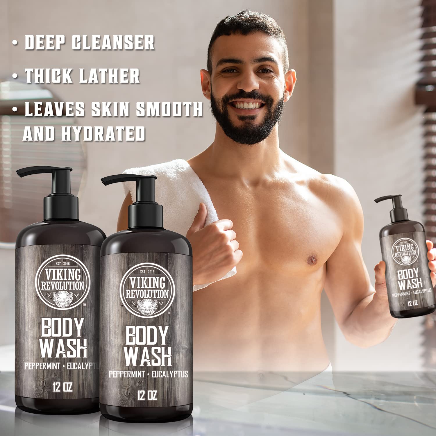 A man confidently holds the Peppermint Eucalyptus Body Wash - 2 Pack, showcasing its invigorating peppermint and eucalyptus scents. Ideal for men's skincare, it revitalizes your senses while nourishing your skin, turning every shower into an energizing experience.