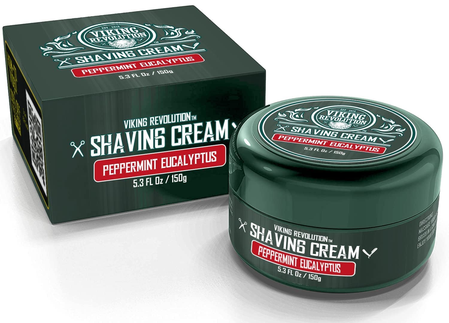 The Peppermint & Eucalyptus Shaving Cream by Viking Revolution, packaged in a stylish green container and matching box, offers a refreshing scent that elevates your shaving routine. Experience the invigorating blend that ensures your skin feels smooth and revitalized.