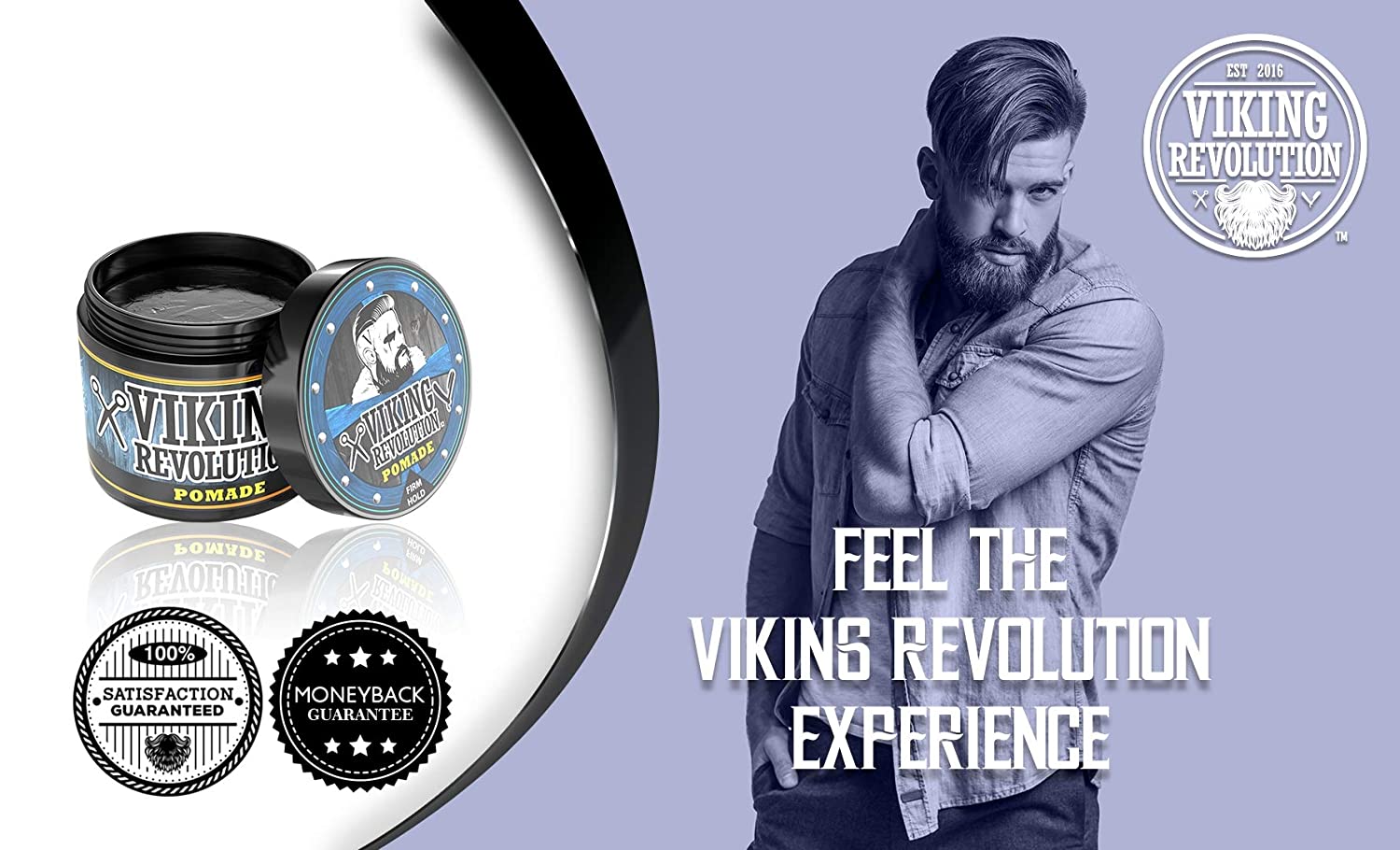 4 oz Firm Hold Hair Pomade container featuring a bearded man in a denim jacket: Feel the Vikings Revolution.