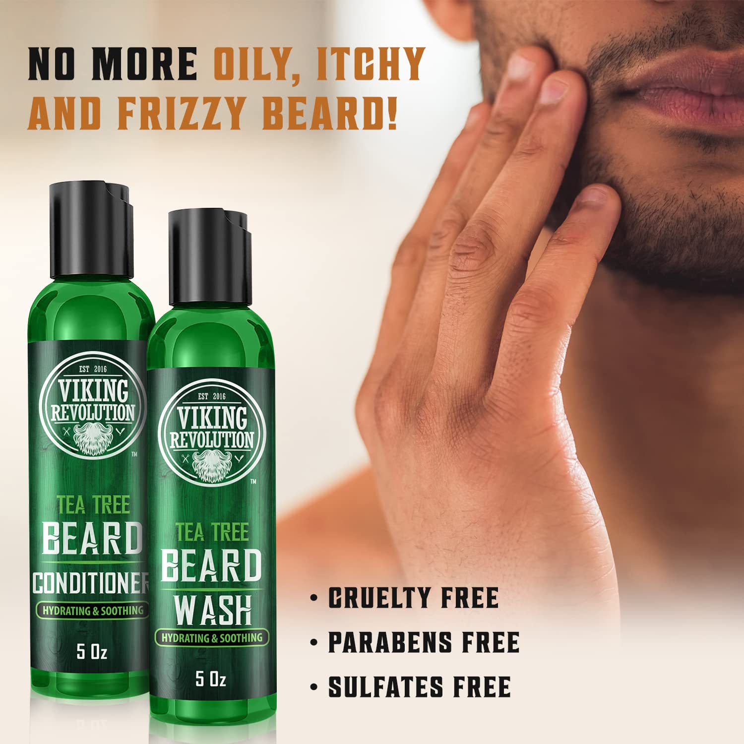 Man touching beard; two green bottles labeled Tea Tree Beard Wash & Beard Conditioner 5oz.