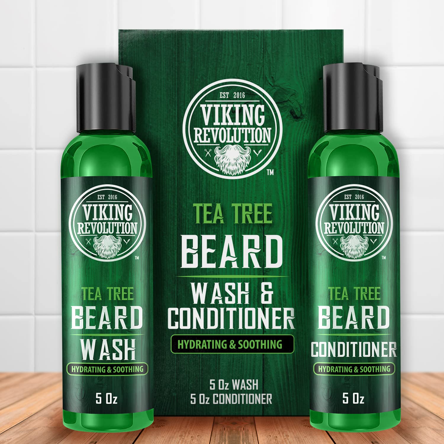 Two green bottles of Tea Tree Beard Wash & Conditioner 5oz in front of a matching box.