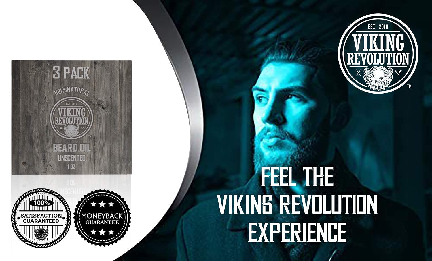 Man with beard, Viking Revolution logo, and beard oil packaging; text: Experience the Power of Unscented Beard Oil – Now in a 3 Pack featuring Organic Argan Oil.