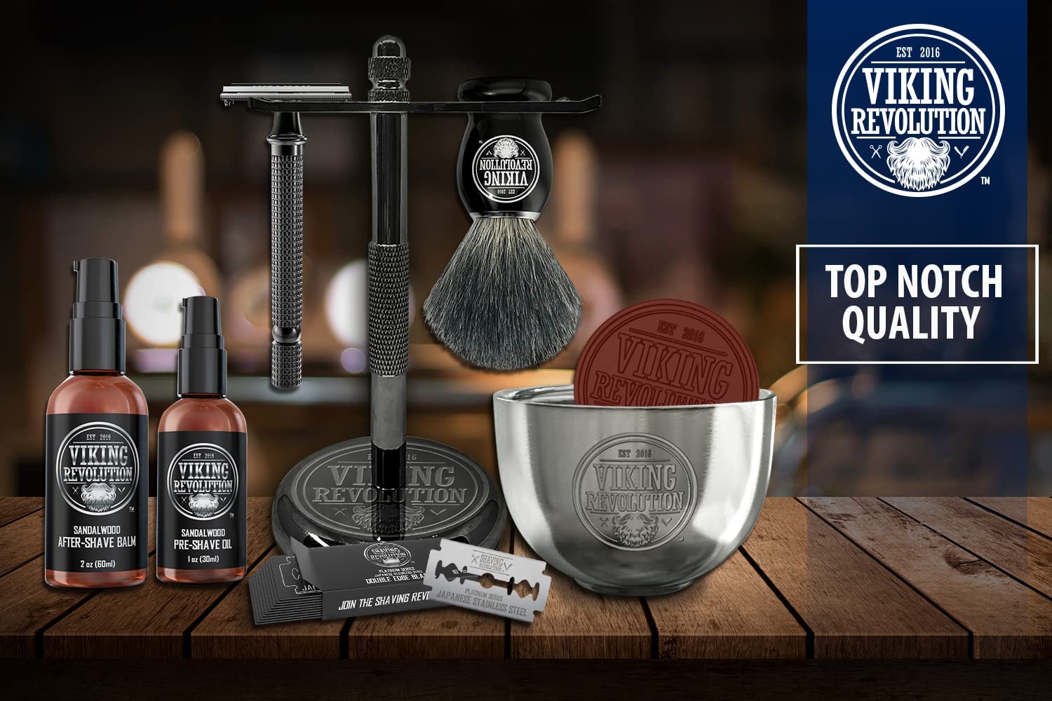 Luxury Safety Razor Shaving Kit from Viking Revolution, featuring a range of beard grooming essentials for the perfect shave, all beautifully arranged on a wooden surface.
