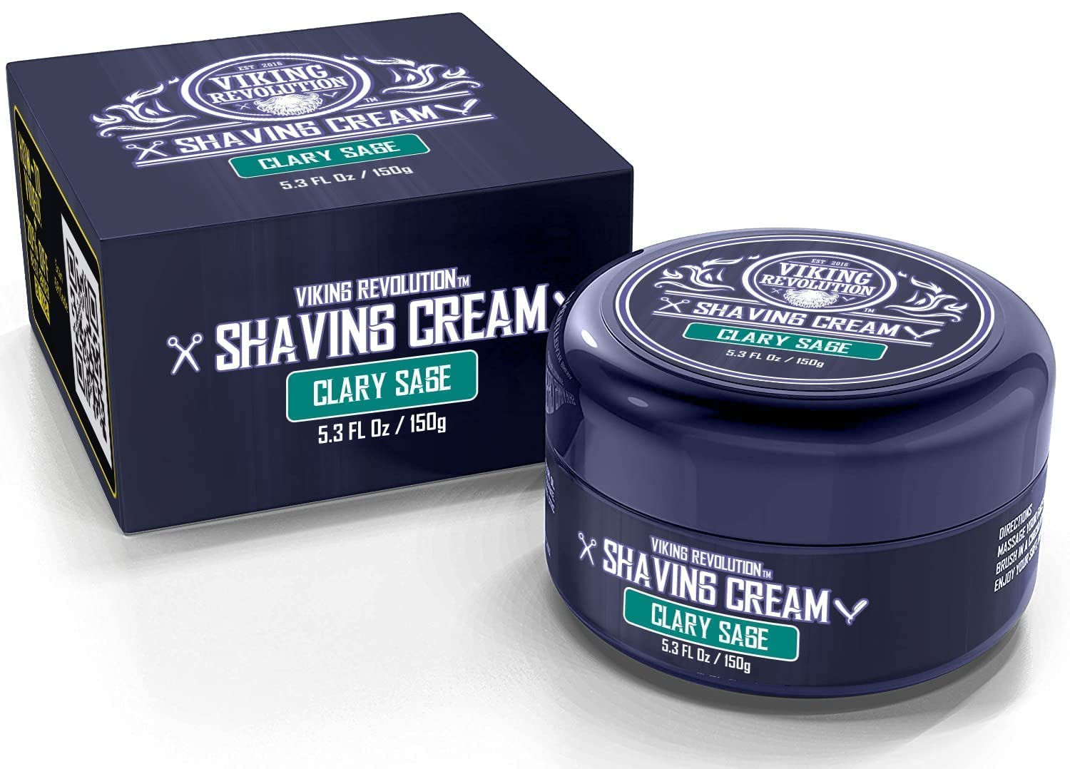 Viking Revolution Clary Sage Shaving Cream, rich lather, 5.3 oz dark blue container and matching box.