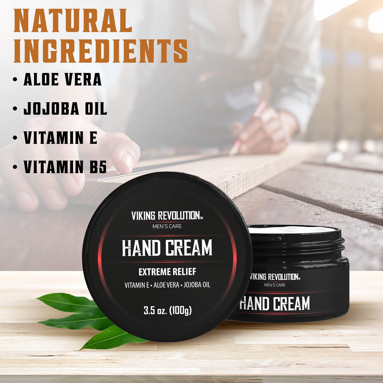 The Hand Cream - Extreme Relief jar sits on a wooden surface, offering relief for cracked hands with its moisturizing salve made from all-natural ingredients listed in the background.
