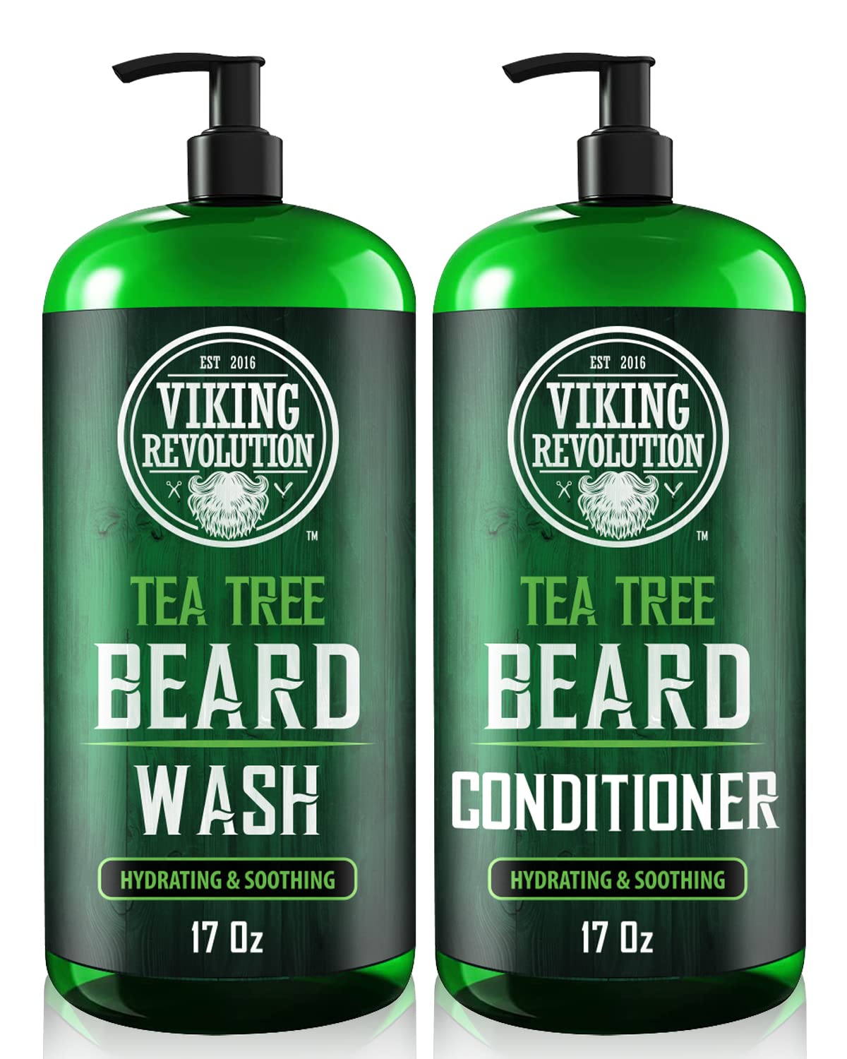 Two bottles of Viking Revolution Tea Tree Beard Wash & Beard Conditioner, 17 oz each, in green packaging, made with all-natural ingredients for optimal facial hair care.