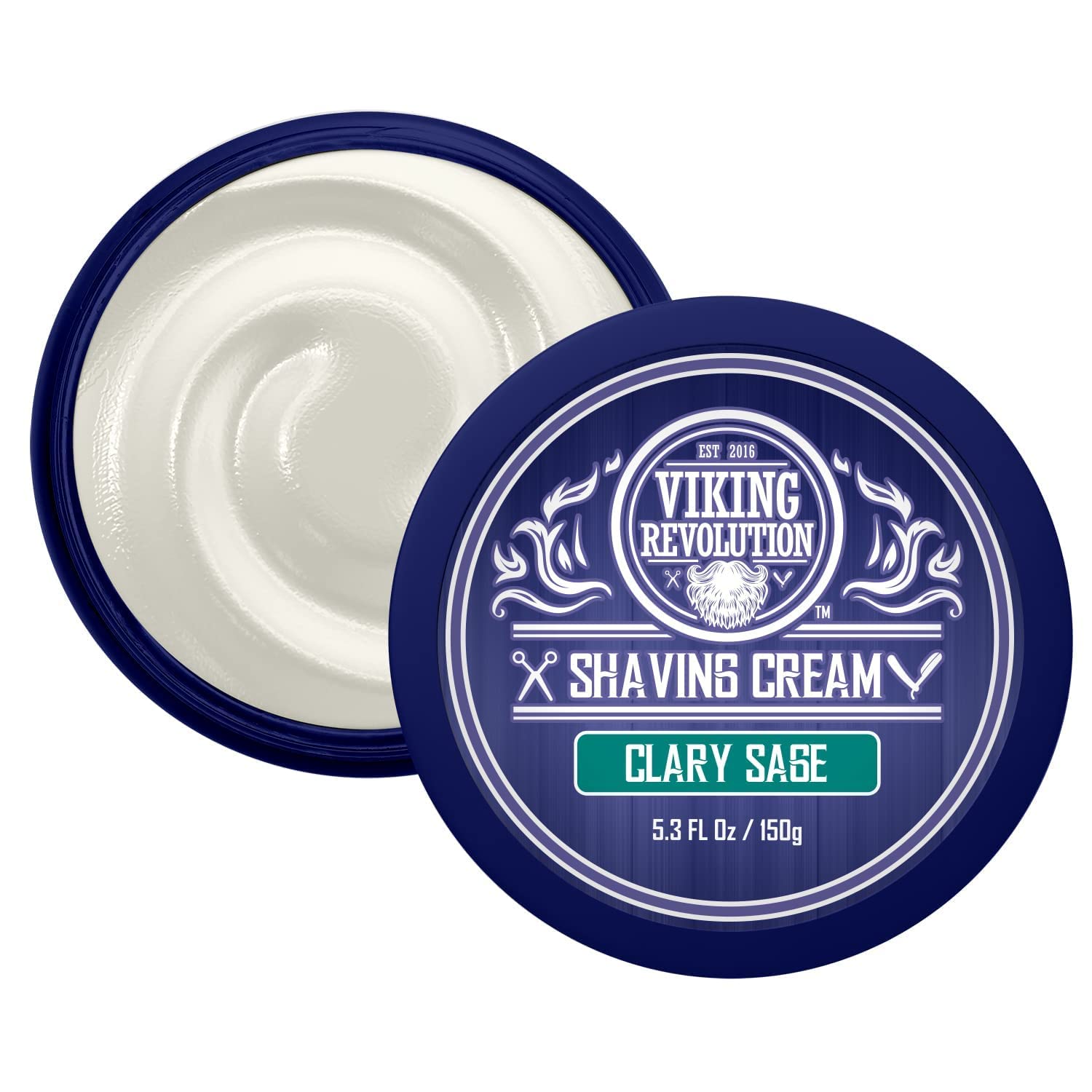 Open Clary Sage Shaving Cream, 5.3 fl oz, rich lather with blue and white lid.