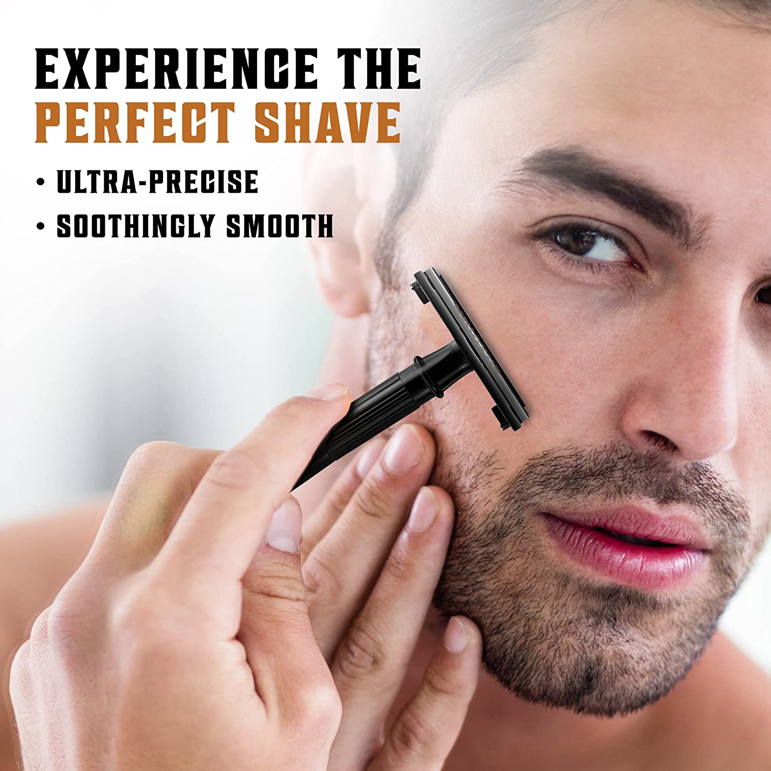 A man shaving with a sleek black razor, equipped with Double Edge Razor Blades crafted from Japanese stainless steel, for a perfect, smooth shave.