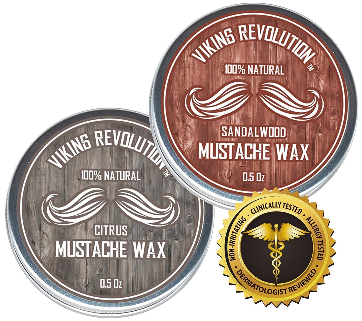 Two tins of Citrus & Sandalwood Mustache Wax - 2 Pack with a dermatology seal for strong hold.