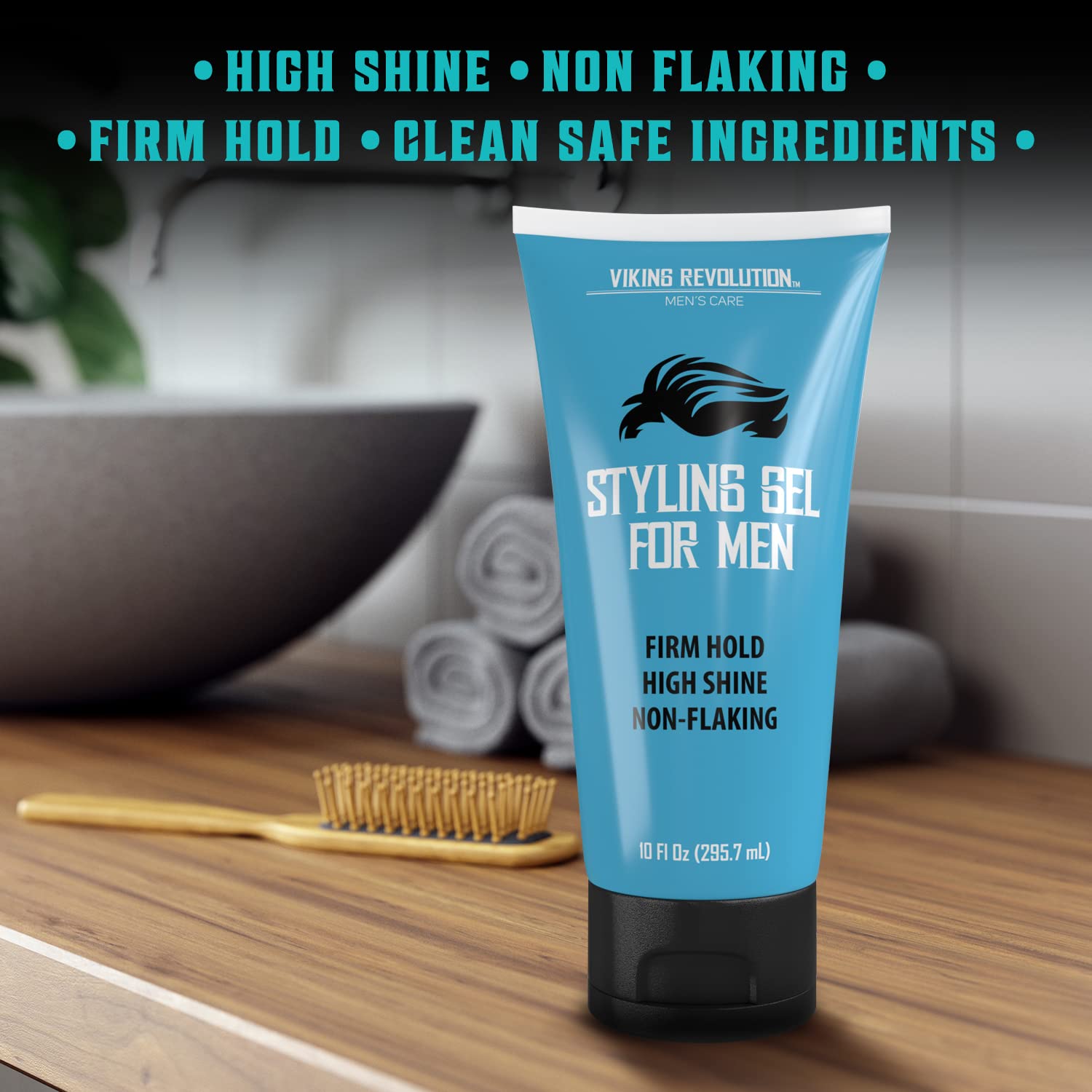 Hair Gel - 10 fl oz on a counter with comb and towels for mens volume and texture styling.