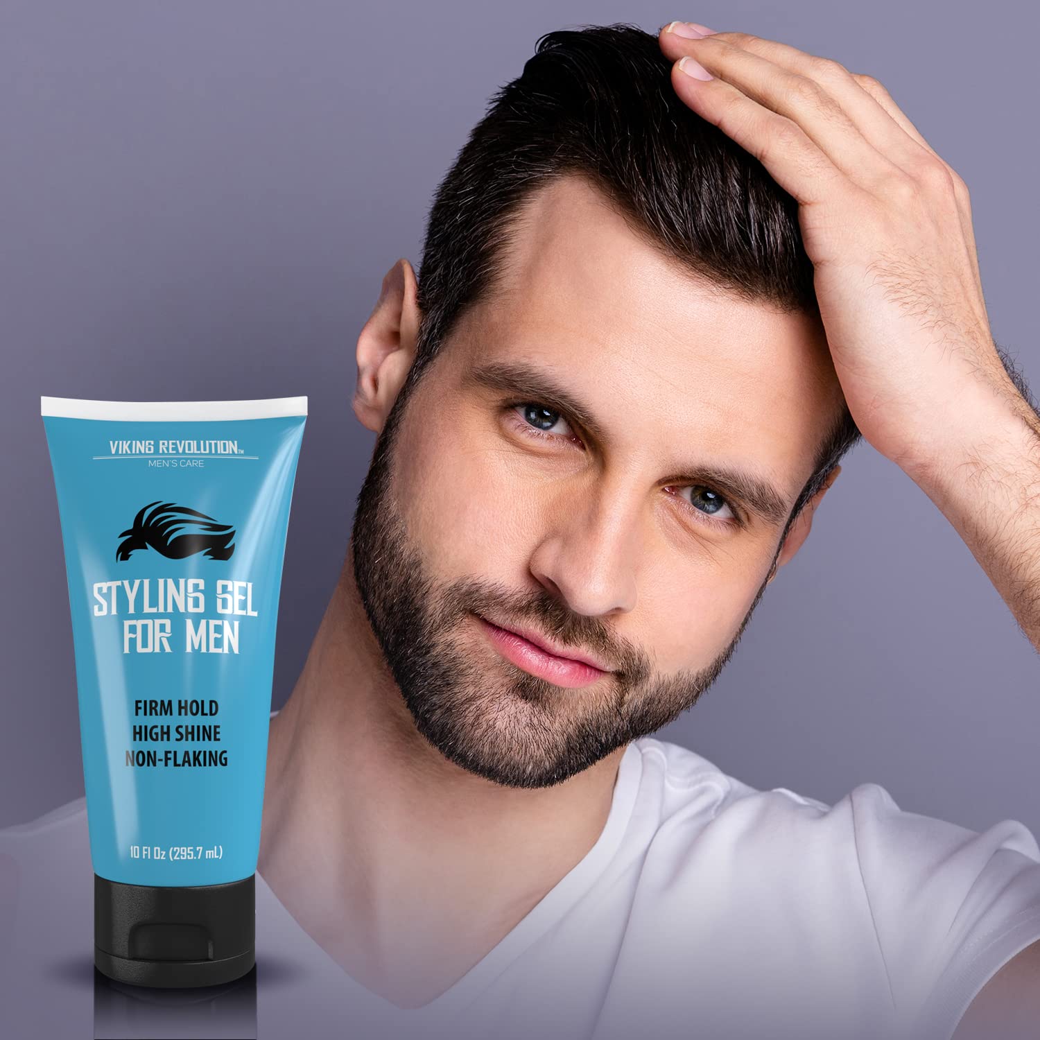 Man styling hair using 10 fl oz Hair Gel for volume and texture against a gray background.