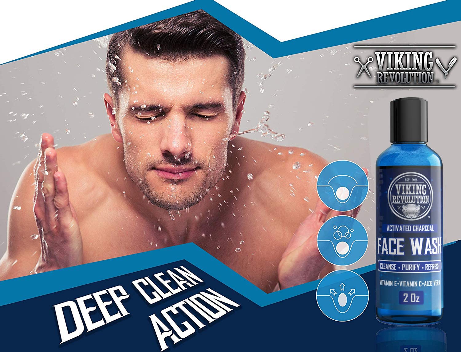 Man washing face; Viking Revolution Charcoal Face Wash - 8oz + 2oz bottle beside him.