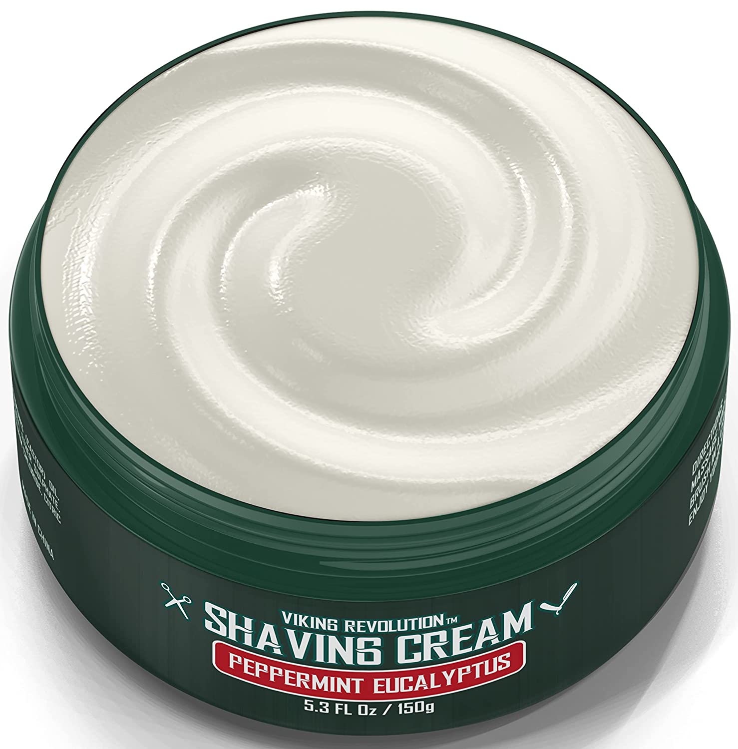 The Peppermint & Eucalyptus Shaving Cream by Viking Revolution, featuring an invigorating peppermint eucalyptus scent and a swirled texture, promises a refreshing shaving experience.