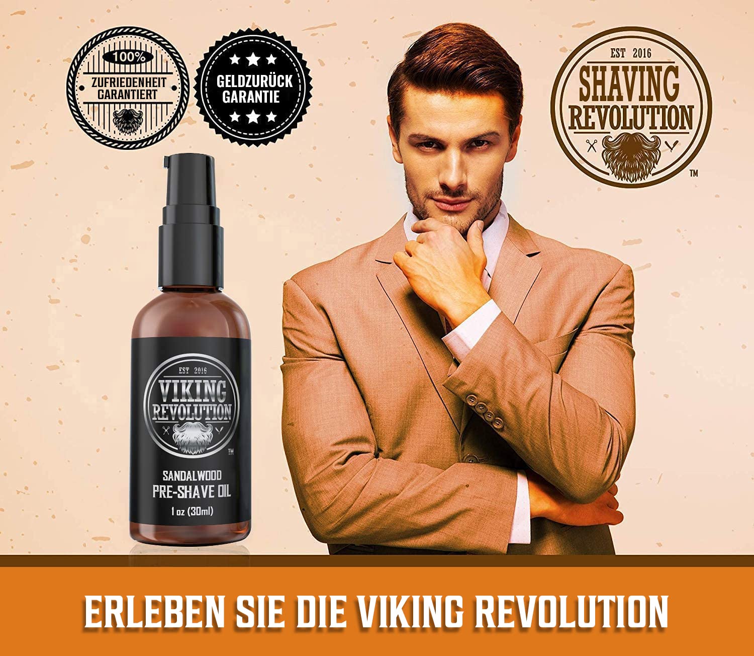 A man in a suit poses beside a bottle of Sandalwood Pre-Shave Oil, set against a wood-themed background, ideal for obtaining a clean shave with its gentle sandalwood fragrance.