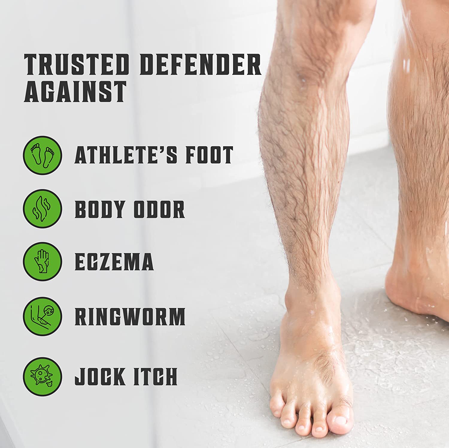 Close-up of a man's legs in a shower, featuring text that lists conditions such as athlete's foot and eczema, promoting the use of Tea Tree Oil Body Wash - 2 Pack to combat body odor and soothe various skin conditions.