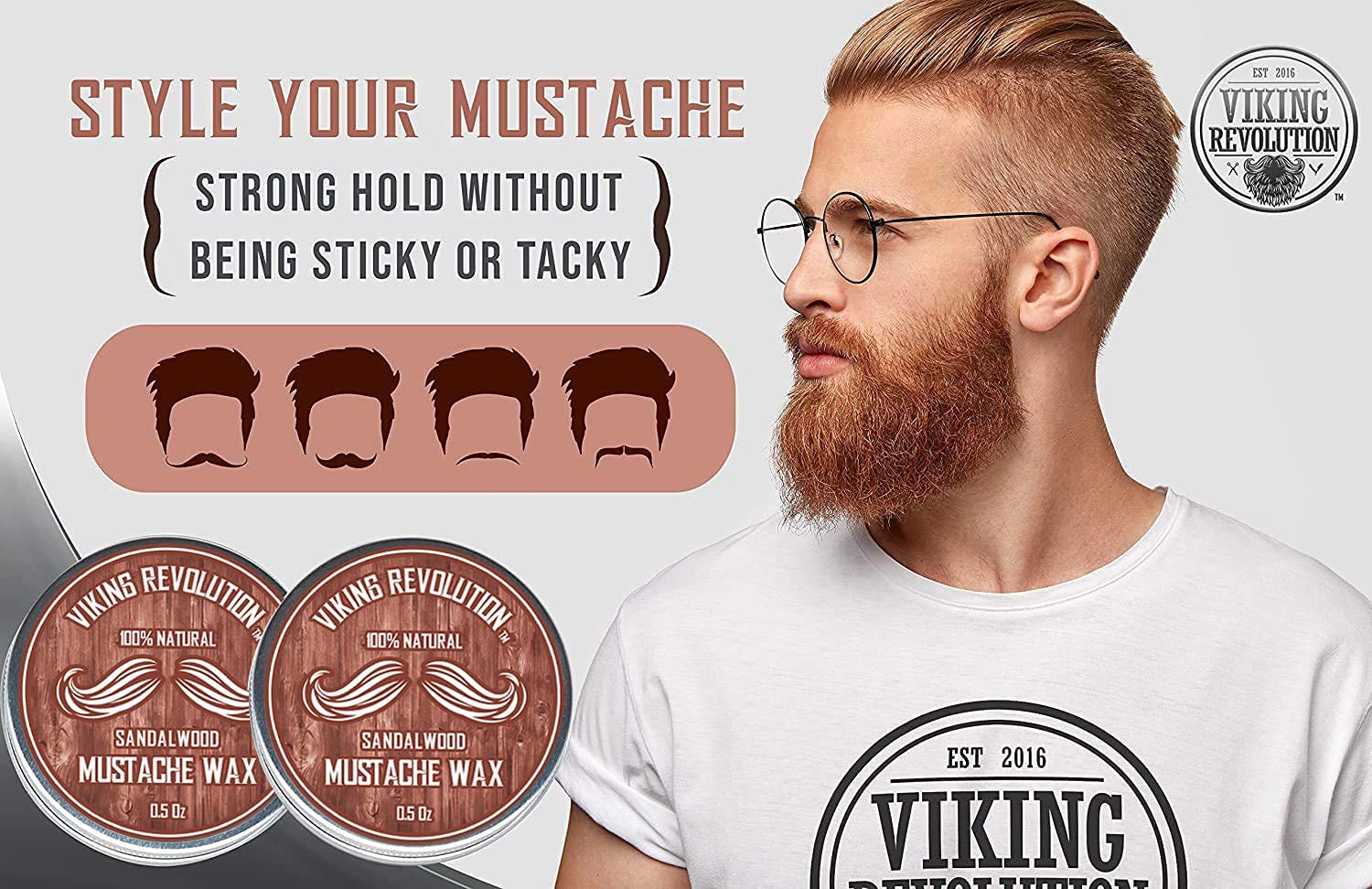 Man with styled mustache promotes Sandalwood Mustache Wax - 2 Pack with natural ingredients and strong hold.