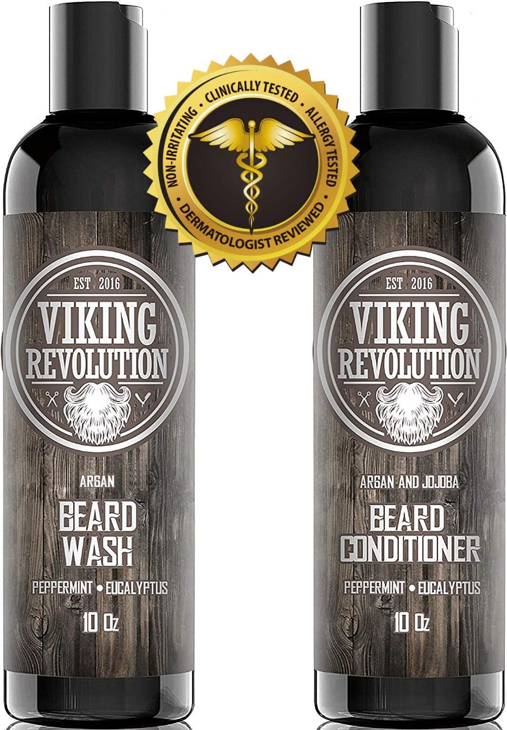 Two bottles of the Peppermint & Eucalyptus Beard Wash & Conditioner Set, expertly crafted with all-natural ingredients for superior facial hair care and featuring a dermatologist-reviewed seal.