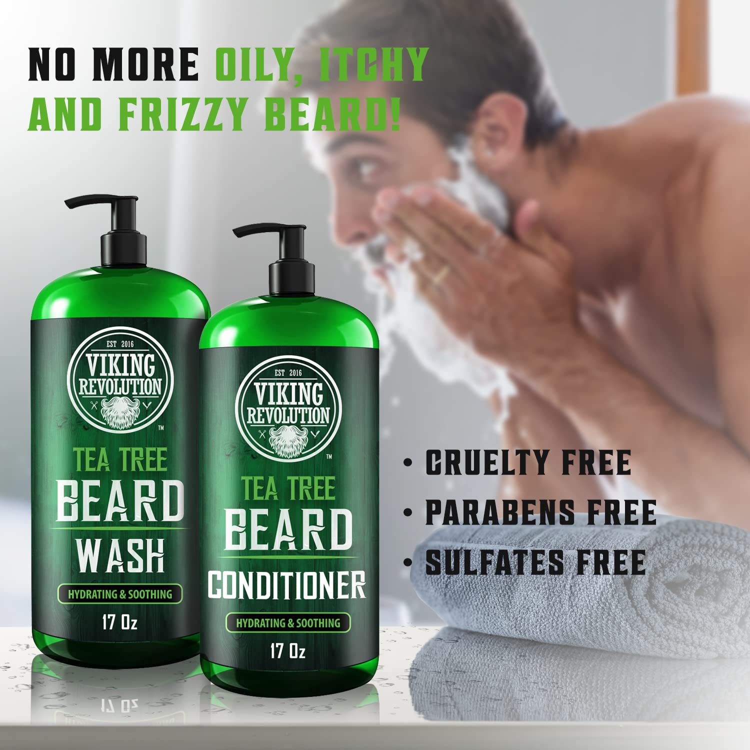 Tea Tree Beard Wash & Beard Conditioner 17oz bottles showcasing a man washing his face, with text emphasizing features, benefits, and all-natural ingredients for optimal facial hair care.