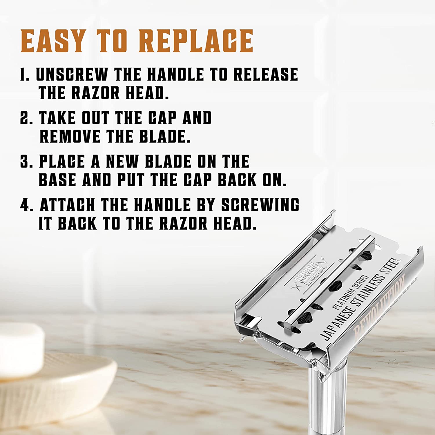 Instructions for replacing a razor blade with a safety razor on a bathroom counter: Carefully detach the used blade and replace it with one from the Double Edge Razor Blades (100 Count) set, crafted from Japanese stainless steel for precision and durability.