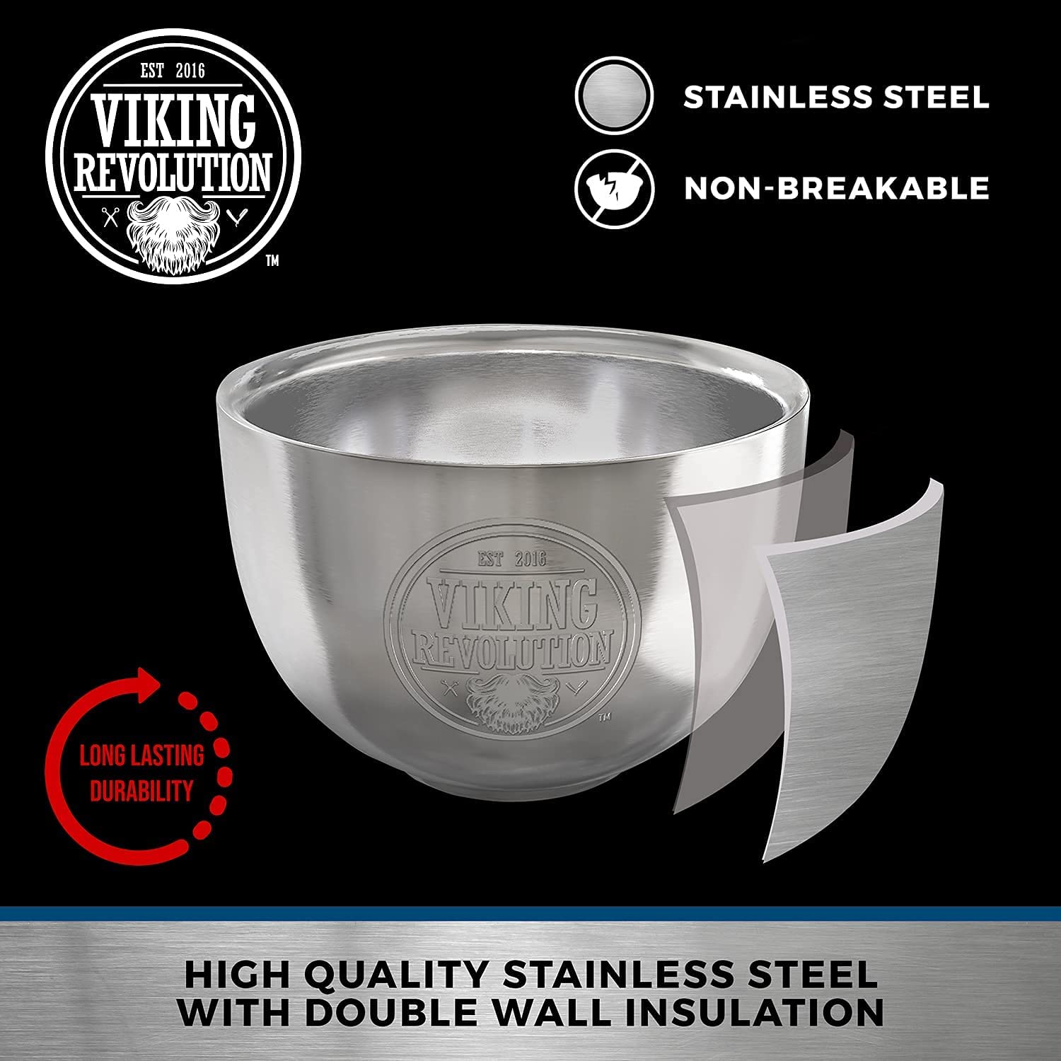 Stainless Steel Shaving Soap Bowl with Viking Revolution logo, unbreakable and double-wall insulated.