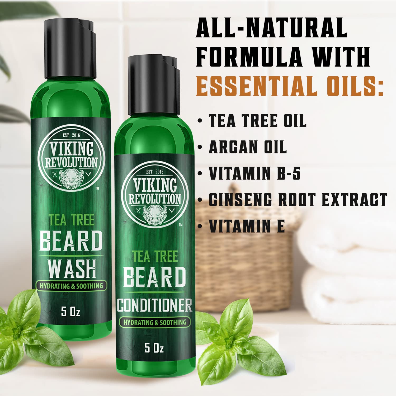 Tea Tree Beard Wash & Conditioner 5oz with natural ingredients is on a bathroom counter.