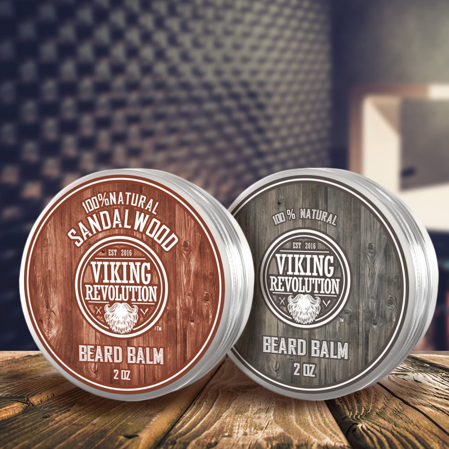 Two tins of Beard Balm - 2 Pack (sandalwood & unscented) on wood for beardruff relief.
