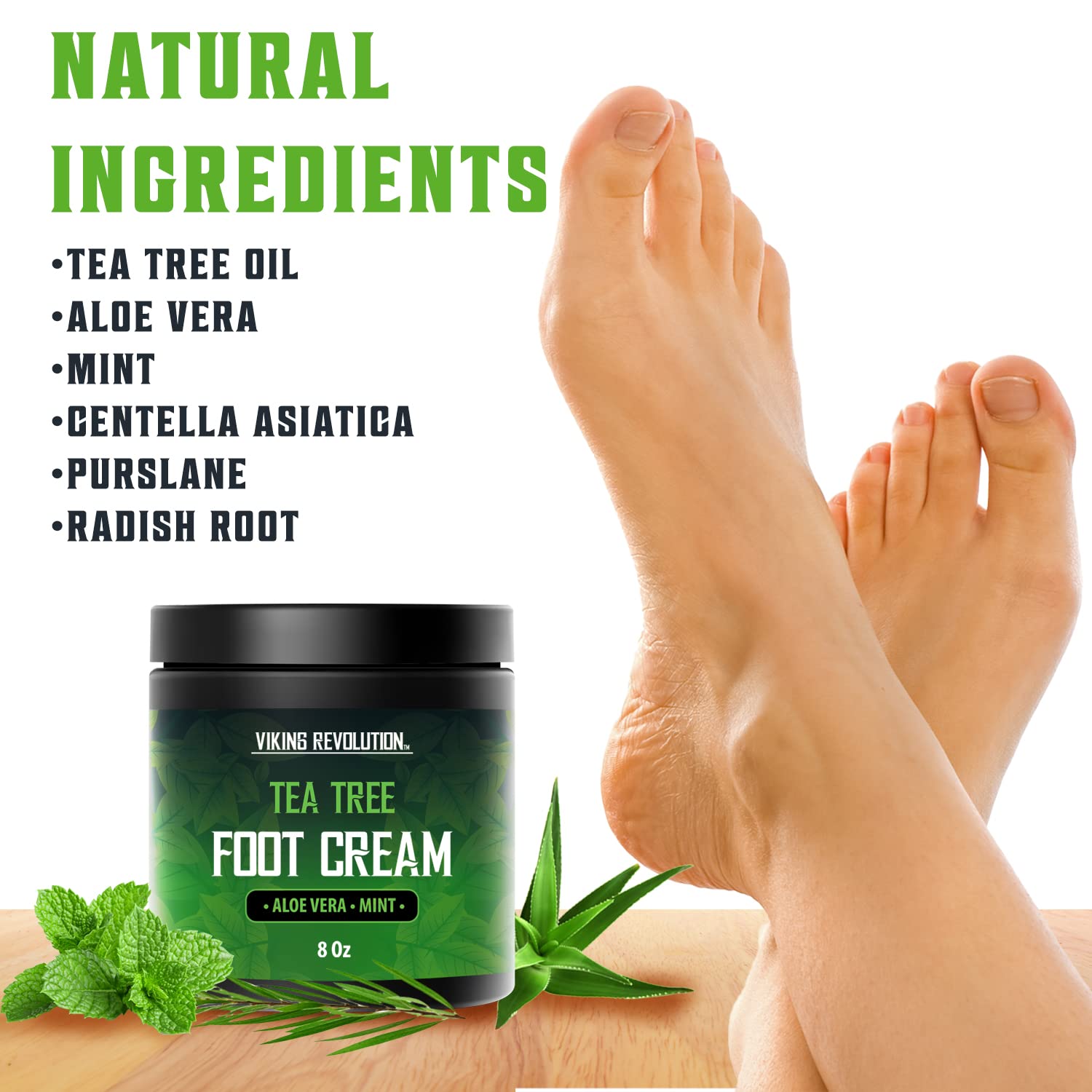 Tea Tree Foot Cream for Dry Cracked Heels is the ideal treatment for dry feet, beautifully illustrated with feet in the background.