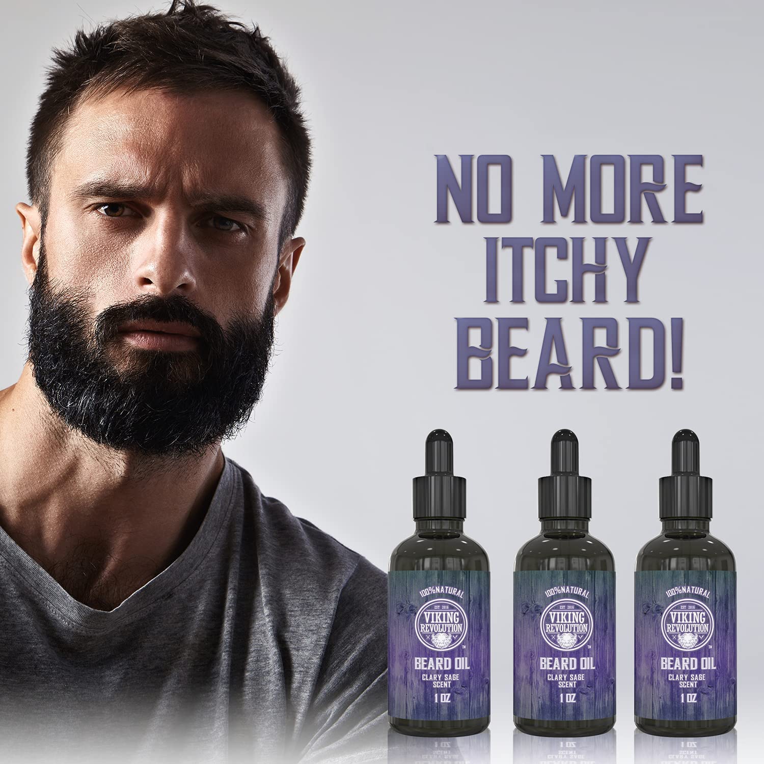 Man with a beard by Clary Sage Beard Oil - 3 Pack, text reads No More Itchy Beard!.