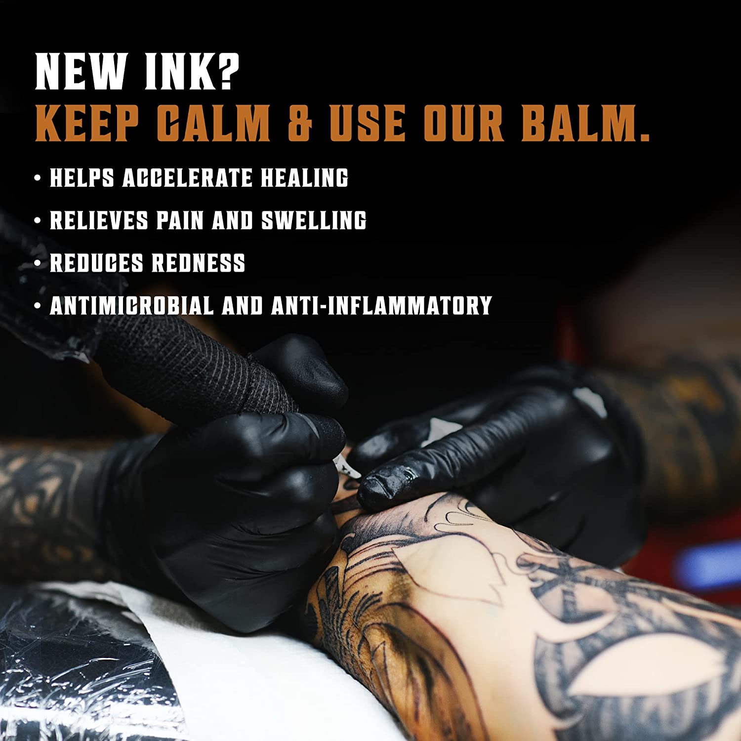 A tattoo artist concentrates on creating a masterpiece on an arm, emphasizing the benefits of Tattoo Care Balm. This essential product, enriched with vegan ingredients, supports tattoo recovery by ensuring vibrant and healthy skin through superior tattoo skincare.