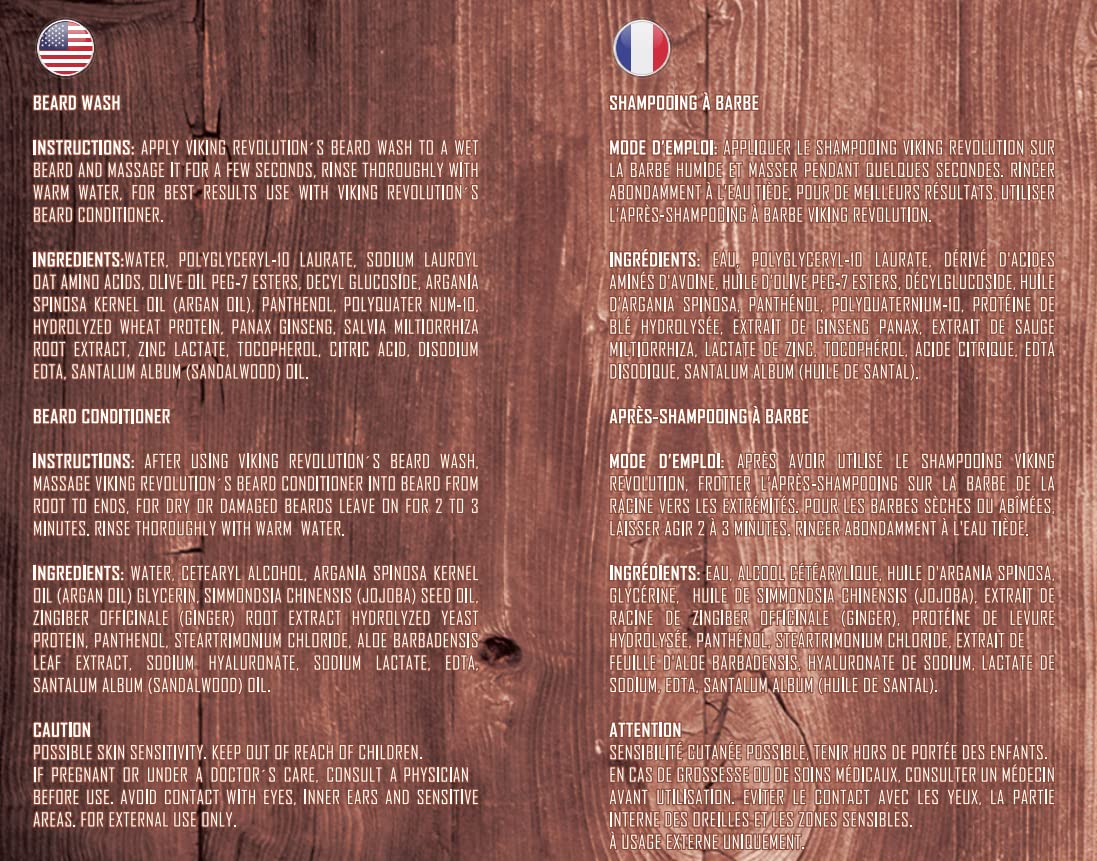 Text on wooden background detailing the instructions and ingredients for the Sandalwood Beard Wash & Conditioner Set - 17oz, which features all-natural components that encourage healthy beard growth and provide a refreshing sandalwood fragrance.