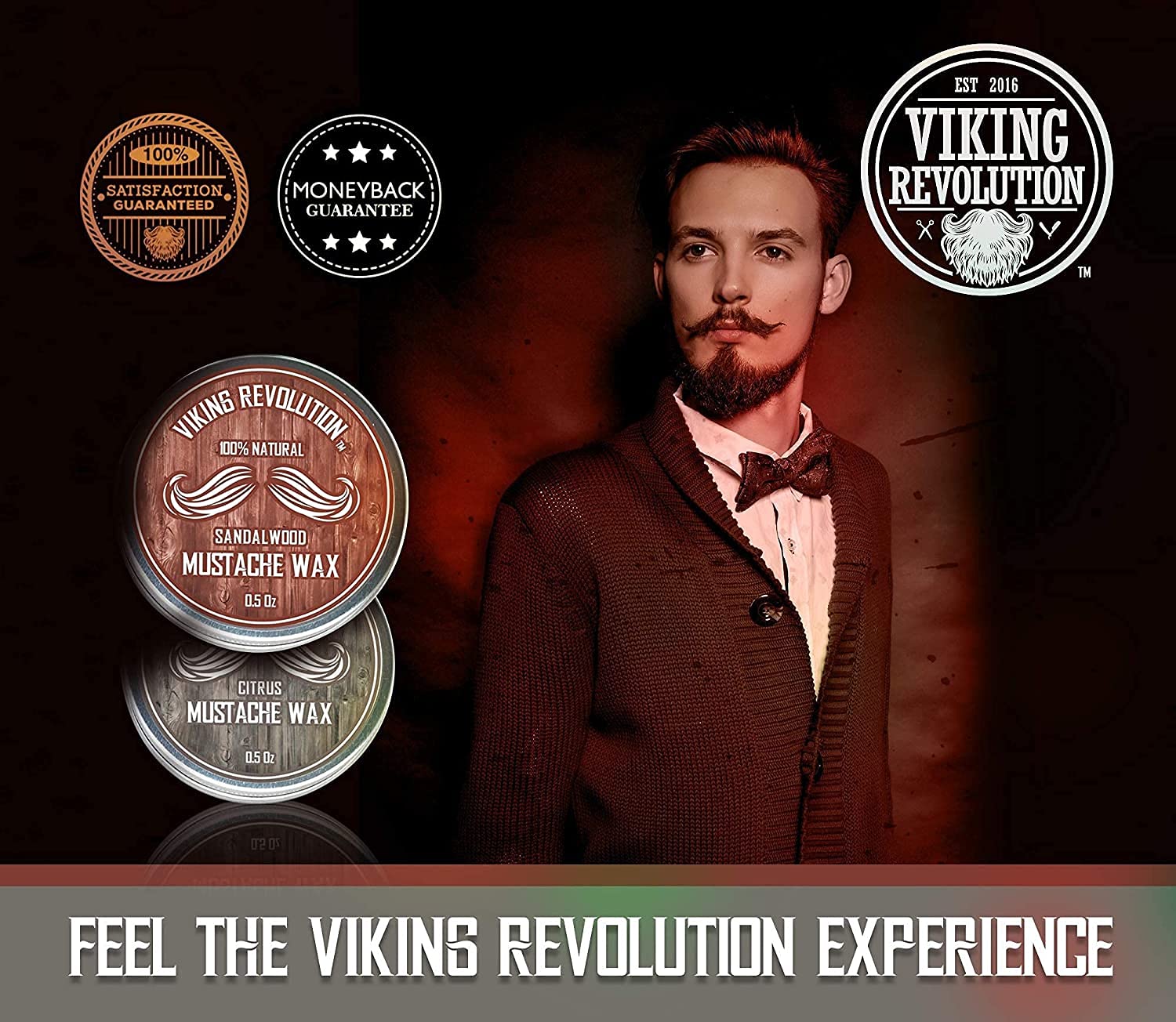 Man with beard and bow tie, 2 tins of Citrus & Sandalwood Mustache Wax by Viking Revolution for strong hold.