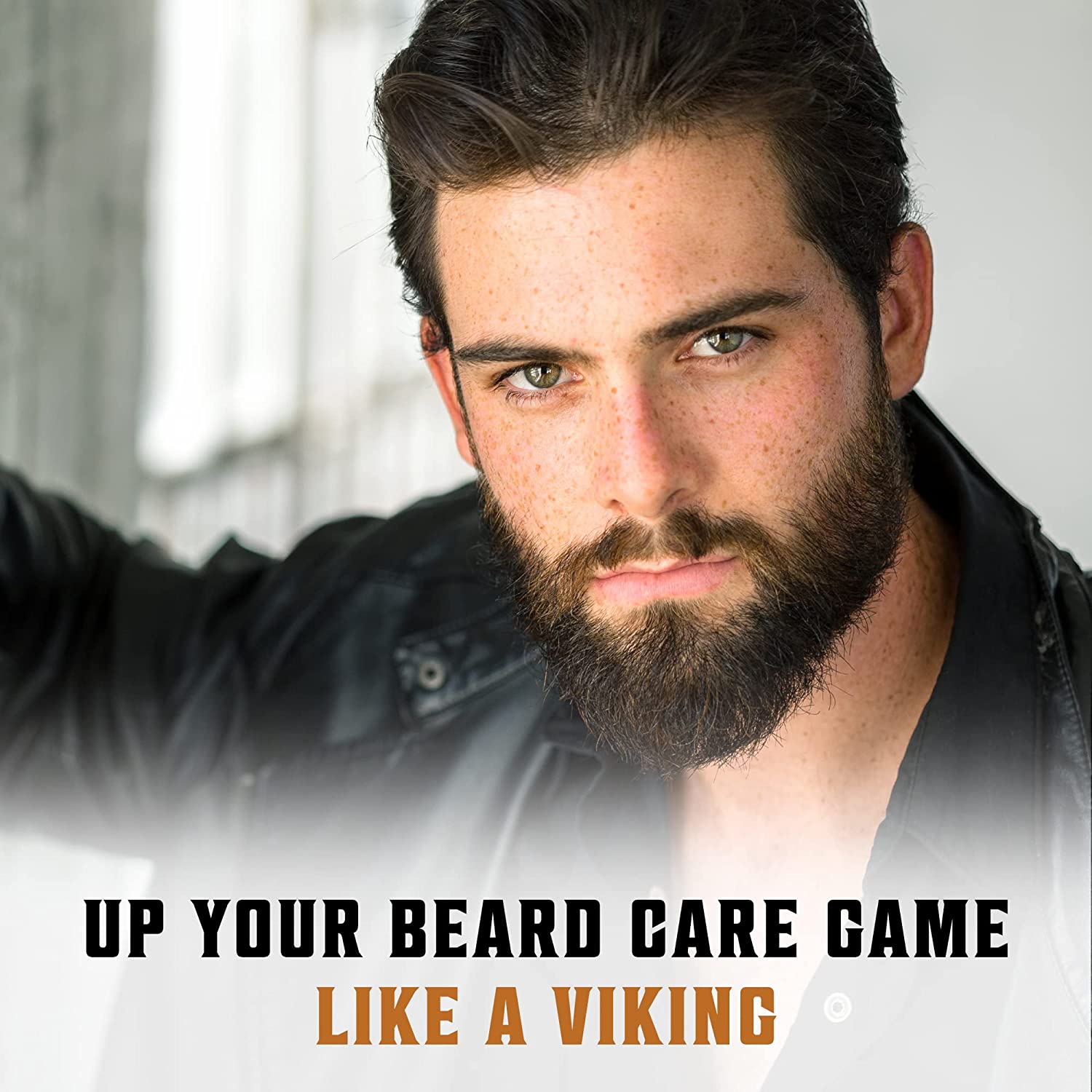 Man in a leather jacket. Text: Up Your Game with 3 Pack Beard Oil Mix - Sandalwood, Pine & Cedar, Clary Sage.