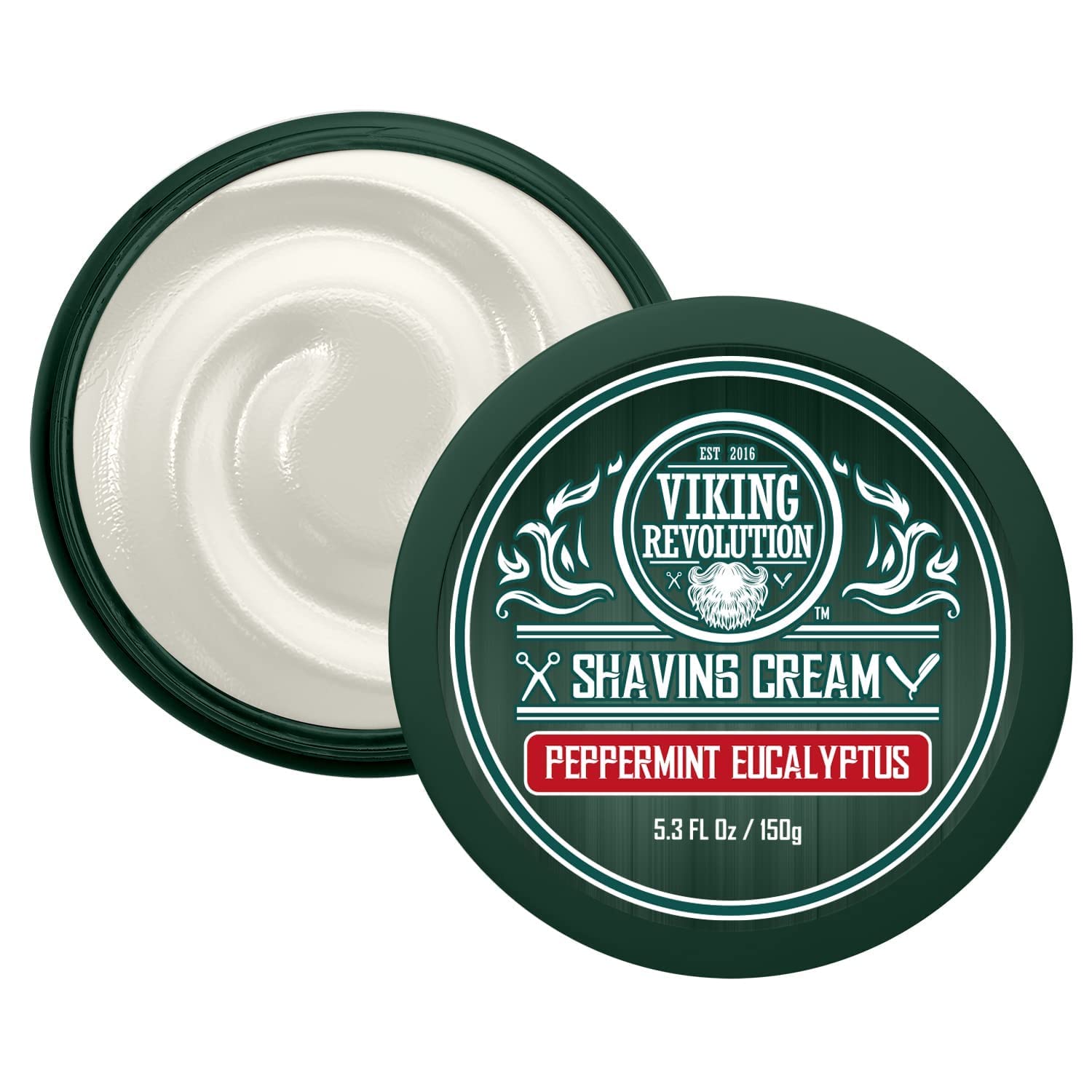 A green container of Peppermint & Eucalyptus Shaving Cream by Viking Revolution sits invitingly with its lid open, showcasing the rich cream within. It's perfect for enhancing your shaving experience with a refreshing aroma that invigorates the senses.