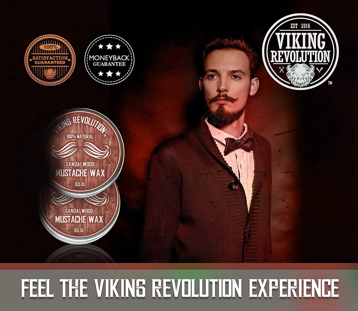 Bearded man with tins of Sandalwood Mustache Wax - 2 Pack; Feel the Vikings Revolution Experience.