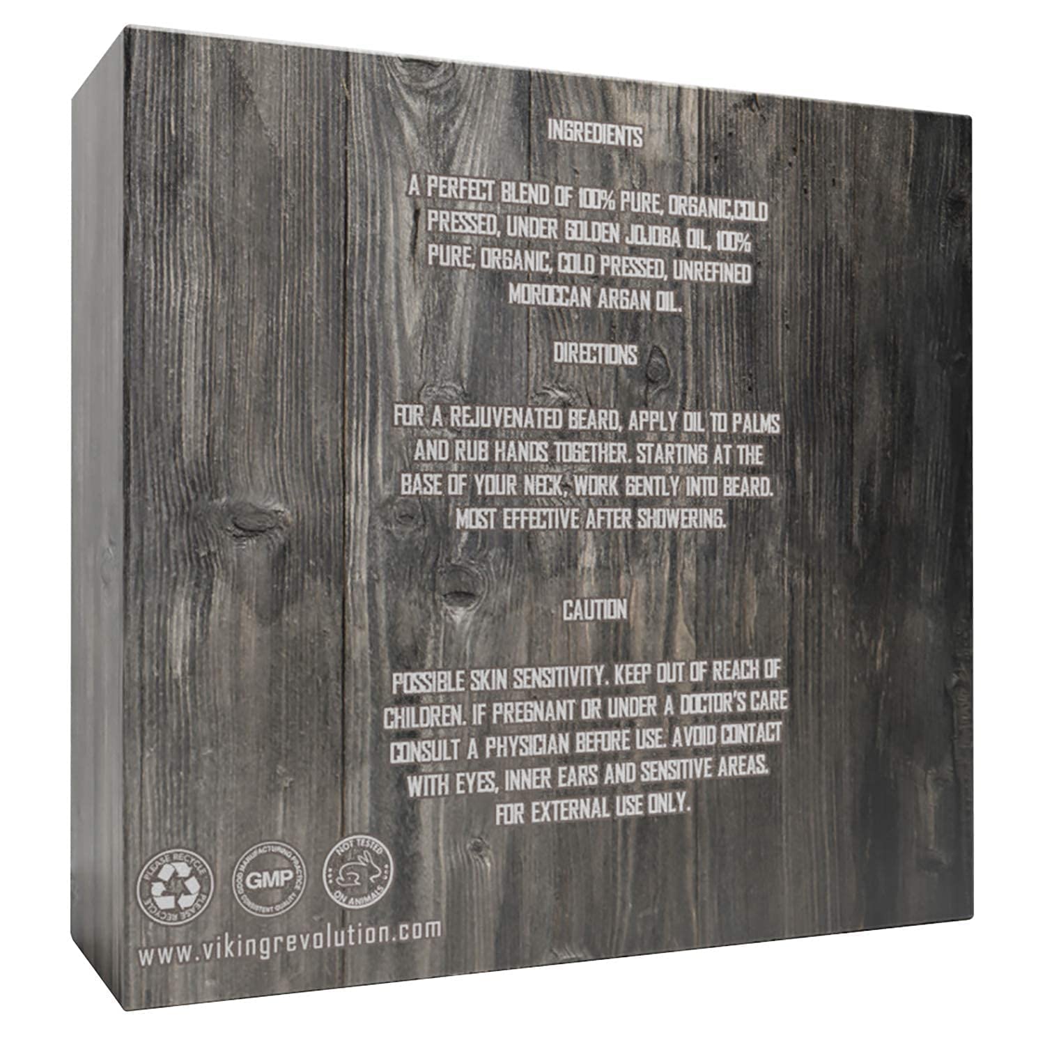 Wooden box showcasing the Unscented Beard Oil - 3 Pack, highlighting Organic Argan Oil and usage instructions in white text.
