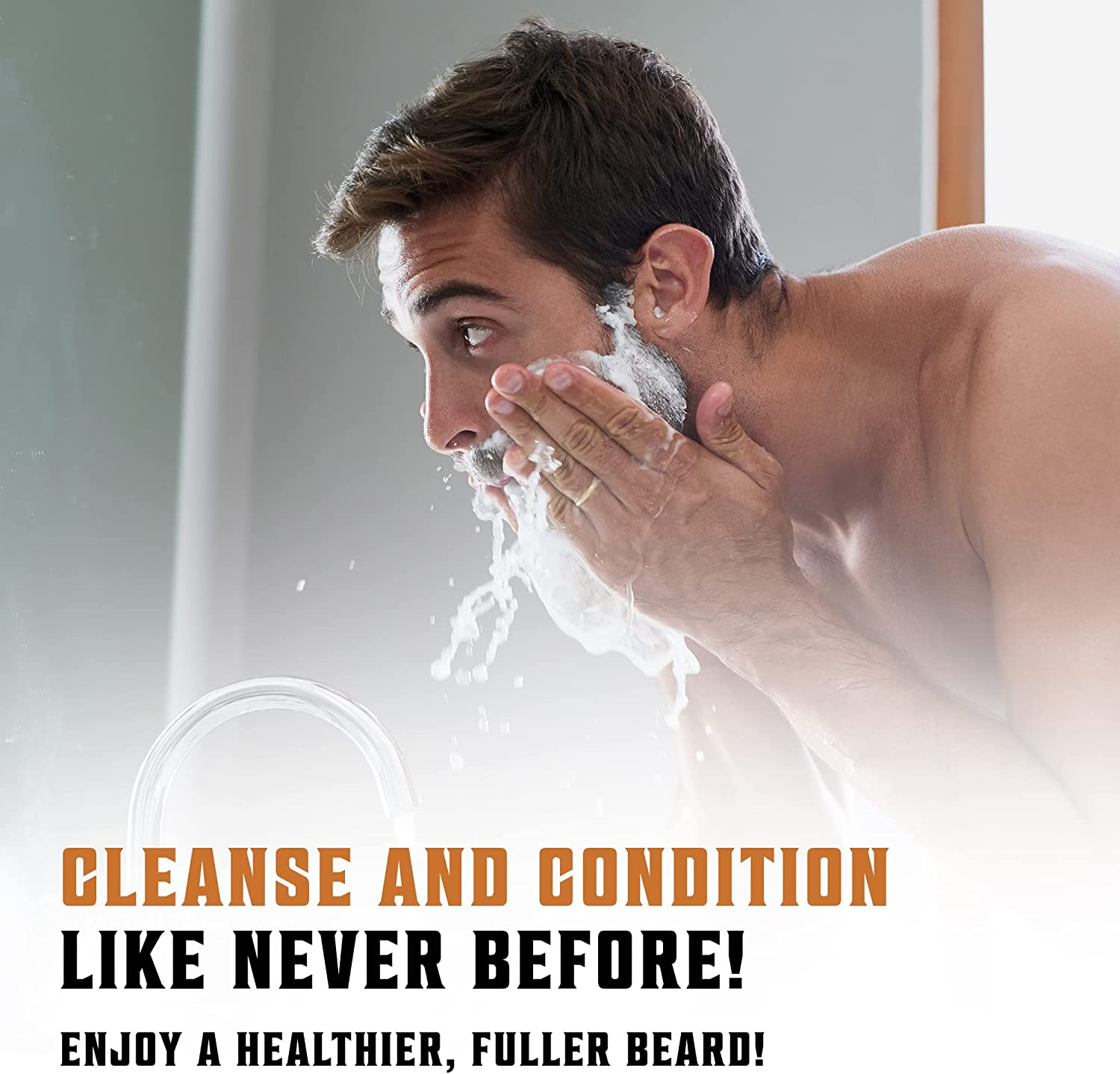 A man washes his face at the sink, expertly cleansing and conditioning his beard with the Peppermint & Eucalyptus Beard Wash & Conditioner Set - 5oz. Protect your skin and tackle beard dandruff like never before!