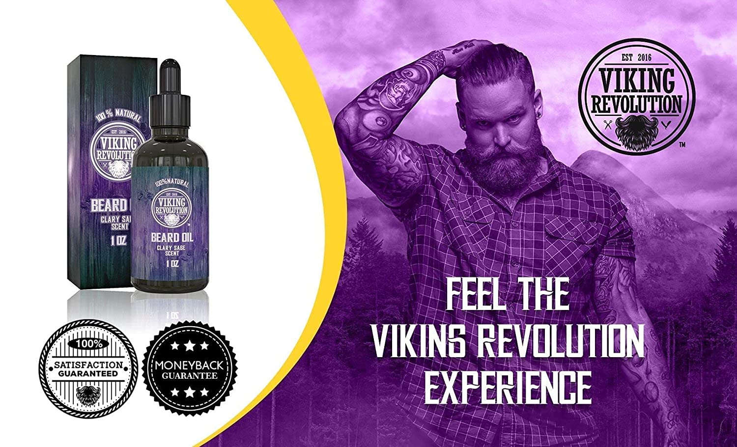 A bearded, tattooed man endorses Clary Sage Beard Oil, a Viking-themed formula enriched with organic oils. Text: Feel the Vikings Revolution Experience.