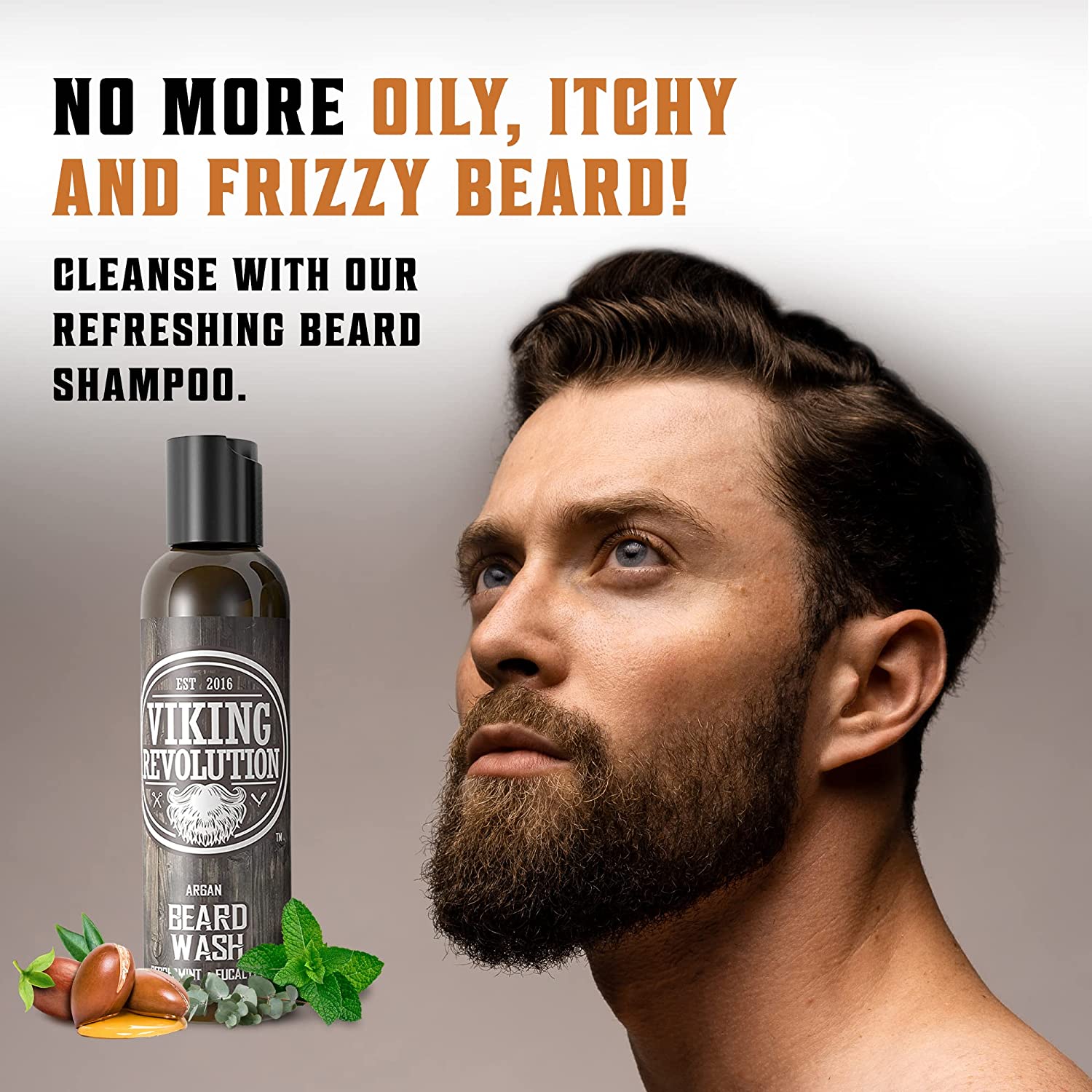 A man with a beard holds the Peppermint & Eucalyptus Beard Wash & Conditioner Set - 5oz, highlighting refreshing beard care and effective protection against beard dandruff.