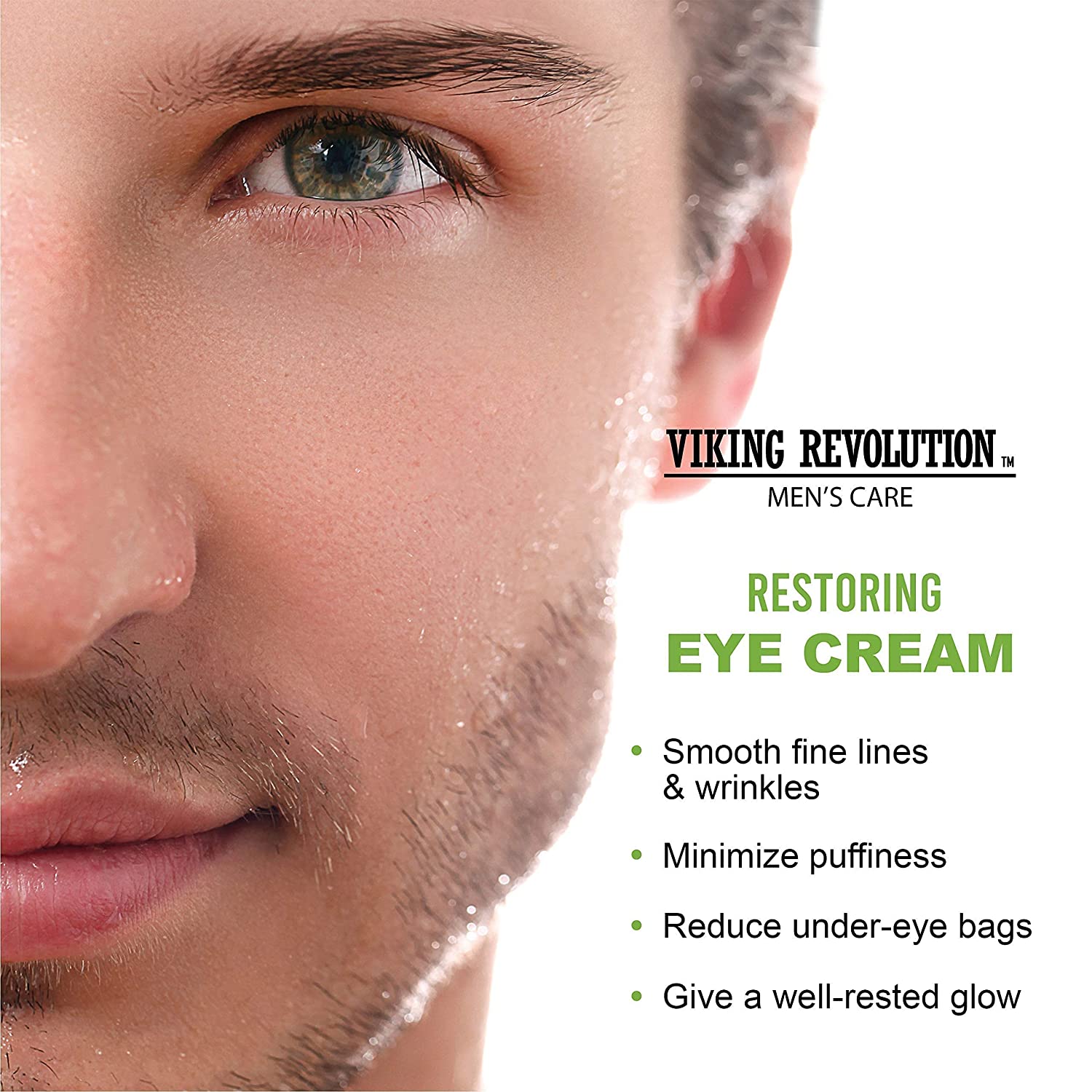 Close-up of a man's face highlighting the benefits of Eye Cream for Men by Viking Revolution, emphasizing its effectiveness against puffiness and dark circles.
