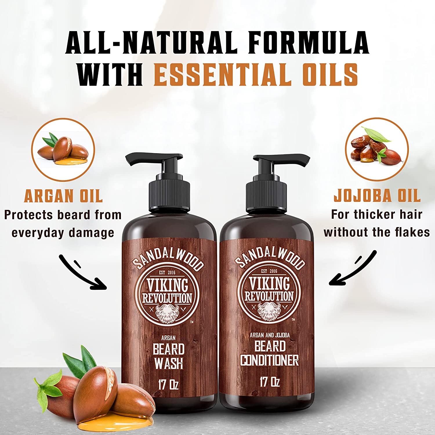 The Sandalwood Beard Wash & Conditioner Set - 17oz, containing two bottles enriched with argan and jojoba oil, promotes healthy beard growth. Made with all-natural ingredients, this set leaves a lasting sandalwood scent, ensuring your beard feels fresh and revitalized.