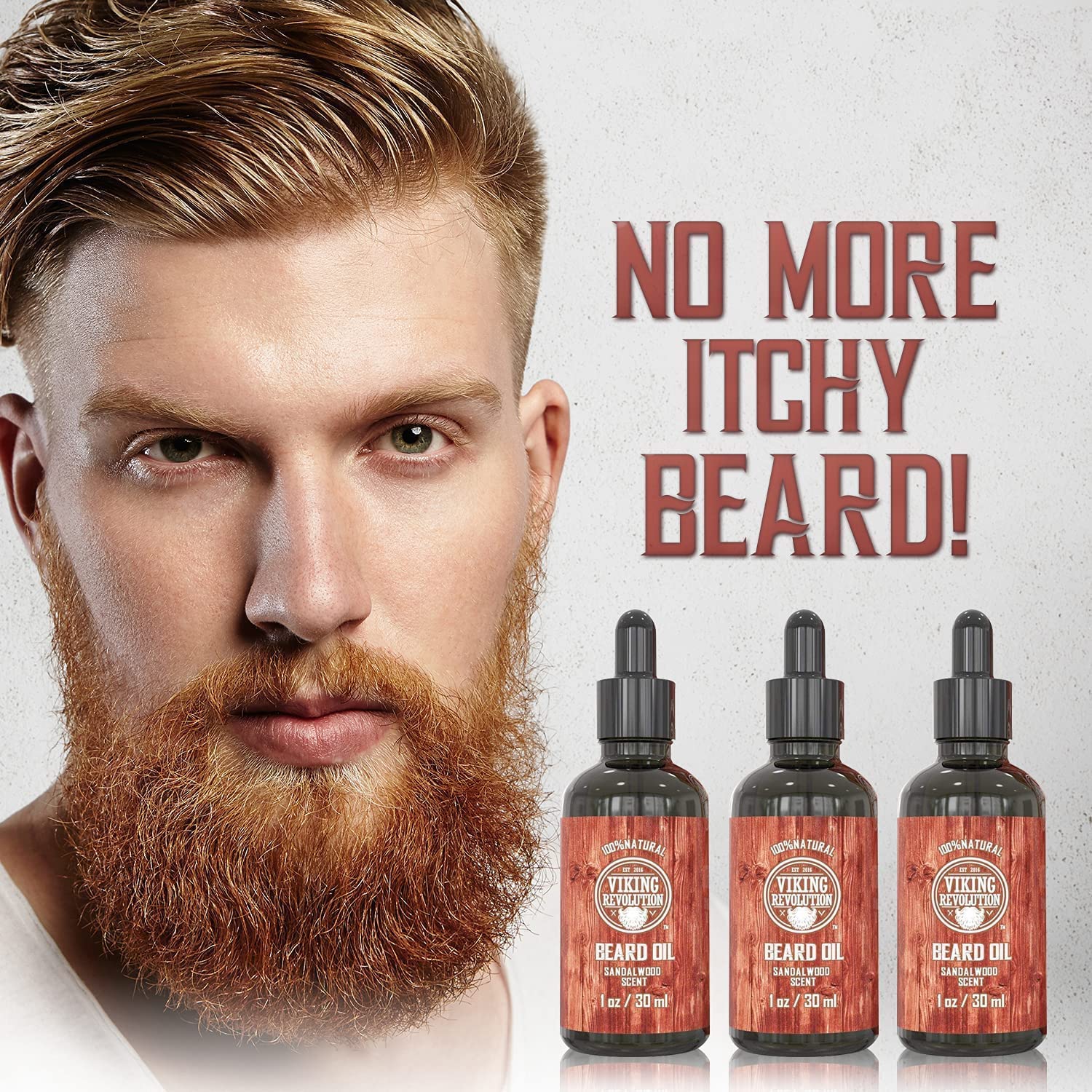 A bearded man stands beside Sandalwood Beard Oil - 3 Pack bottles and text: Say goodbye to itchy beards! Discover the sandalwood scent and 100% natural formula to manage unruly facial hair.