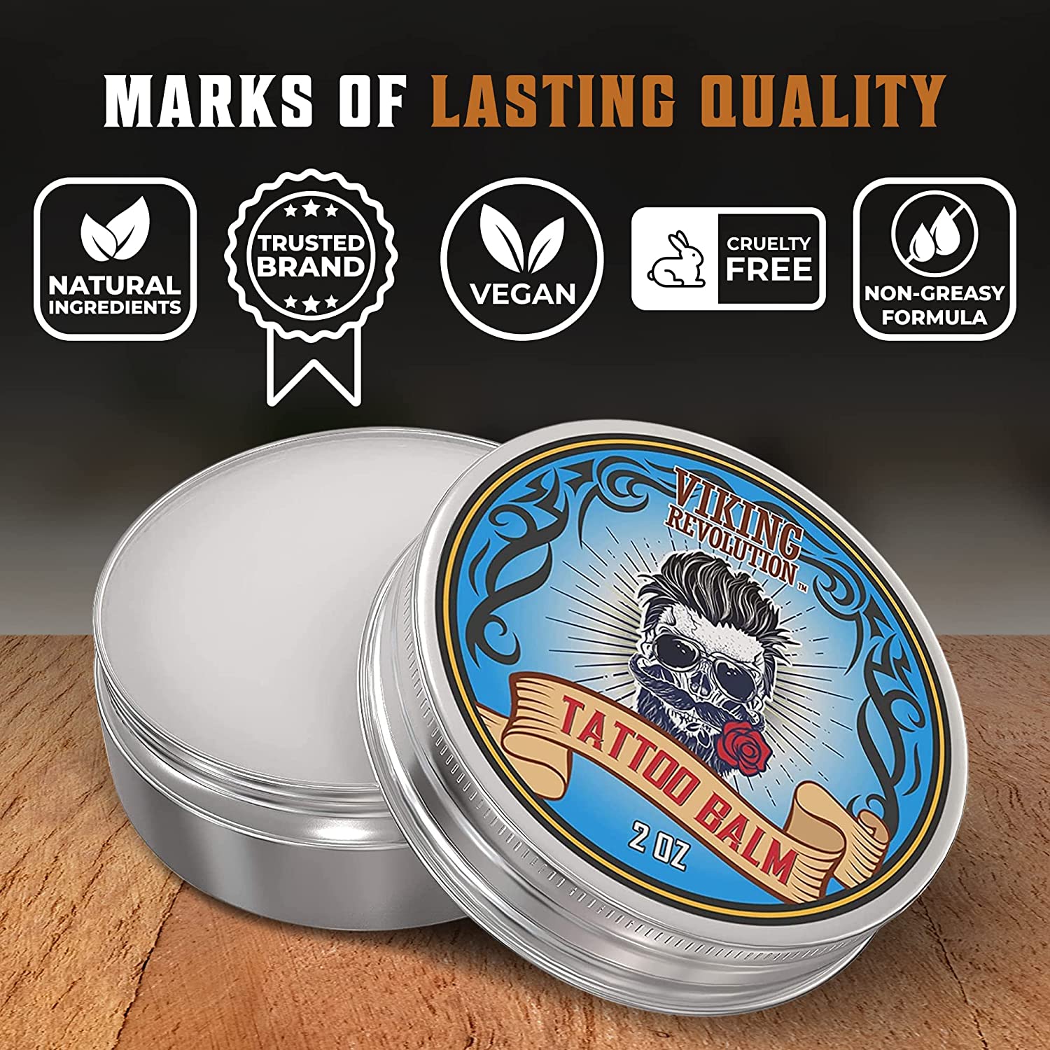 Tattoo Care Balm tin with a label, by Viking Revolution, surrounded by quality badges, featuring tattoo skin care for optimal recovery.