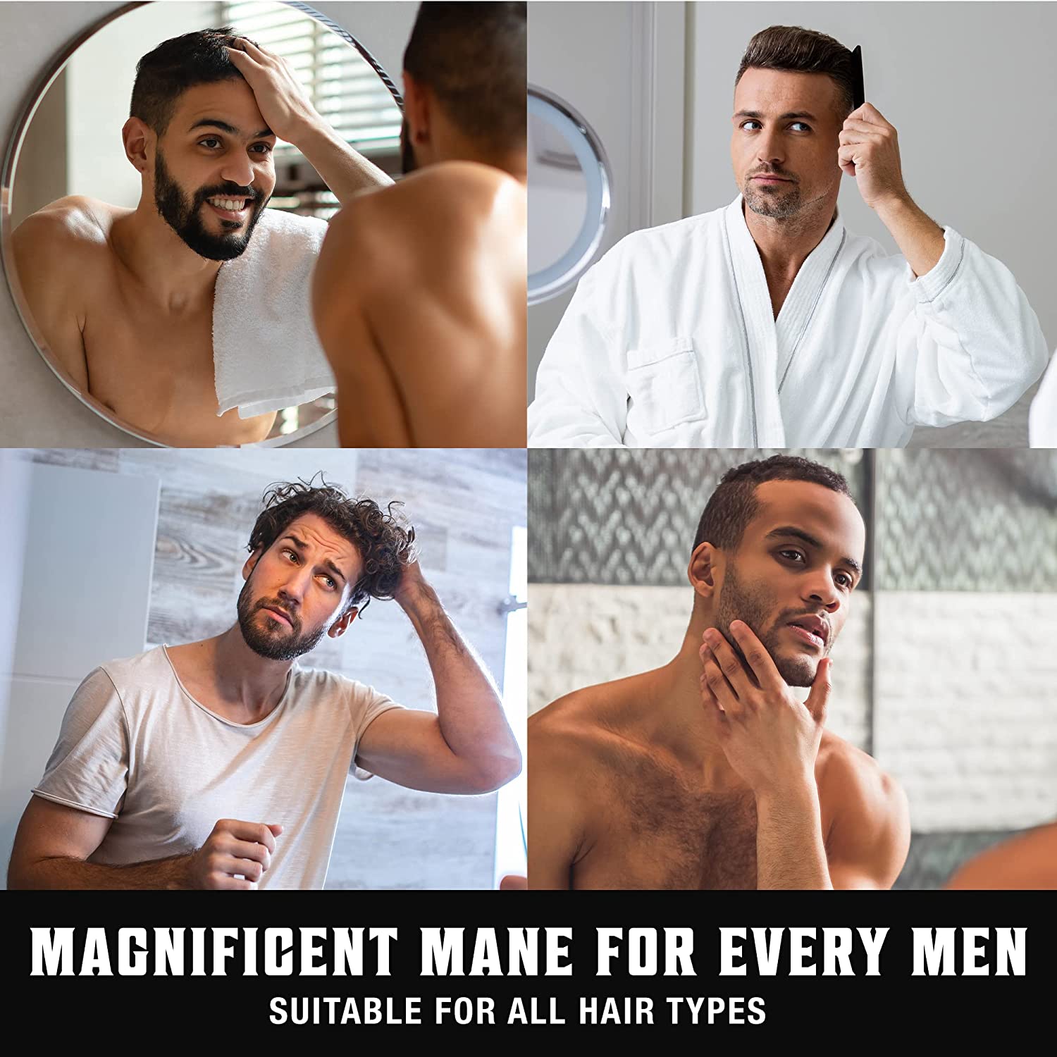Four men grooming; text: Magnificent Mane for Every Man - Tea Tree Oil Shampoo & Conditioner Set, 17oz.