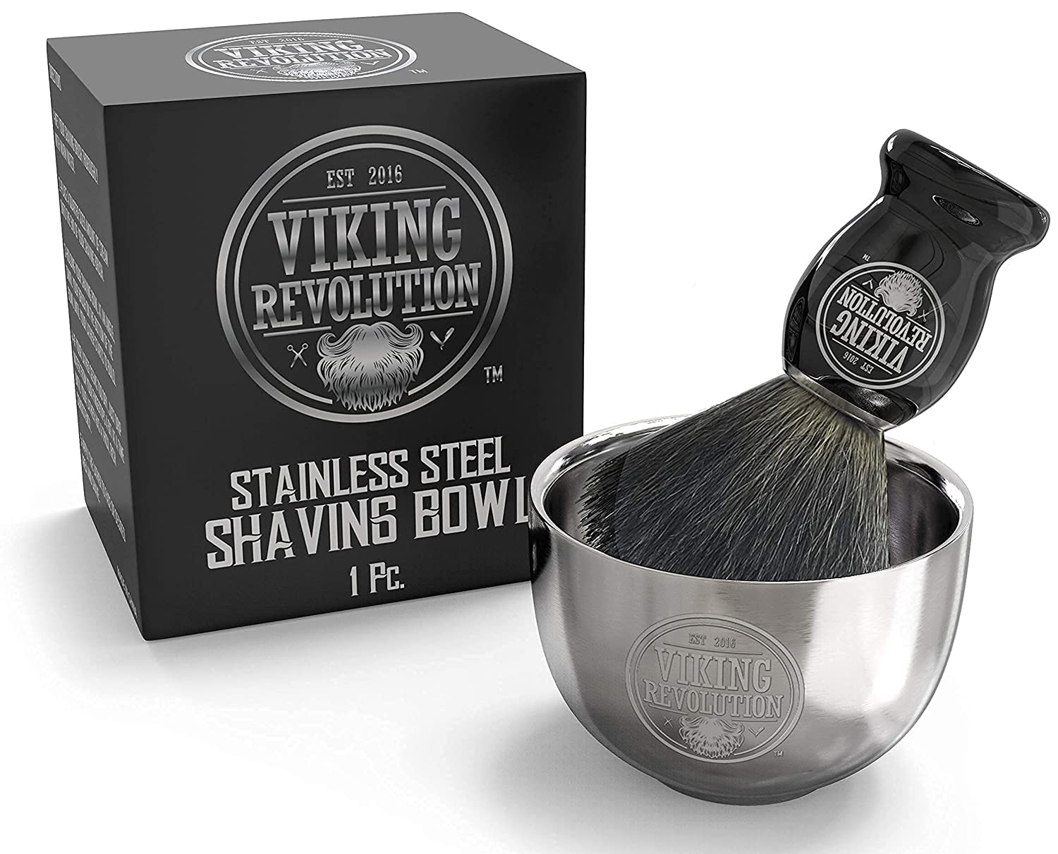 Viking Revolution stainless steel shaving bowl and Badger Brush set beside its packaging.