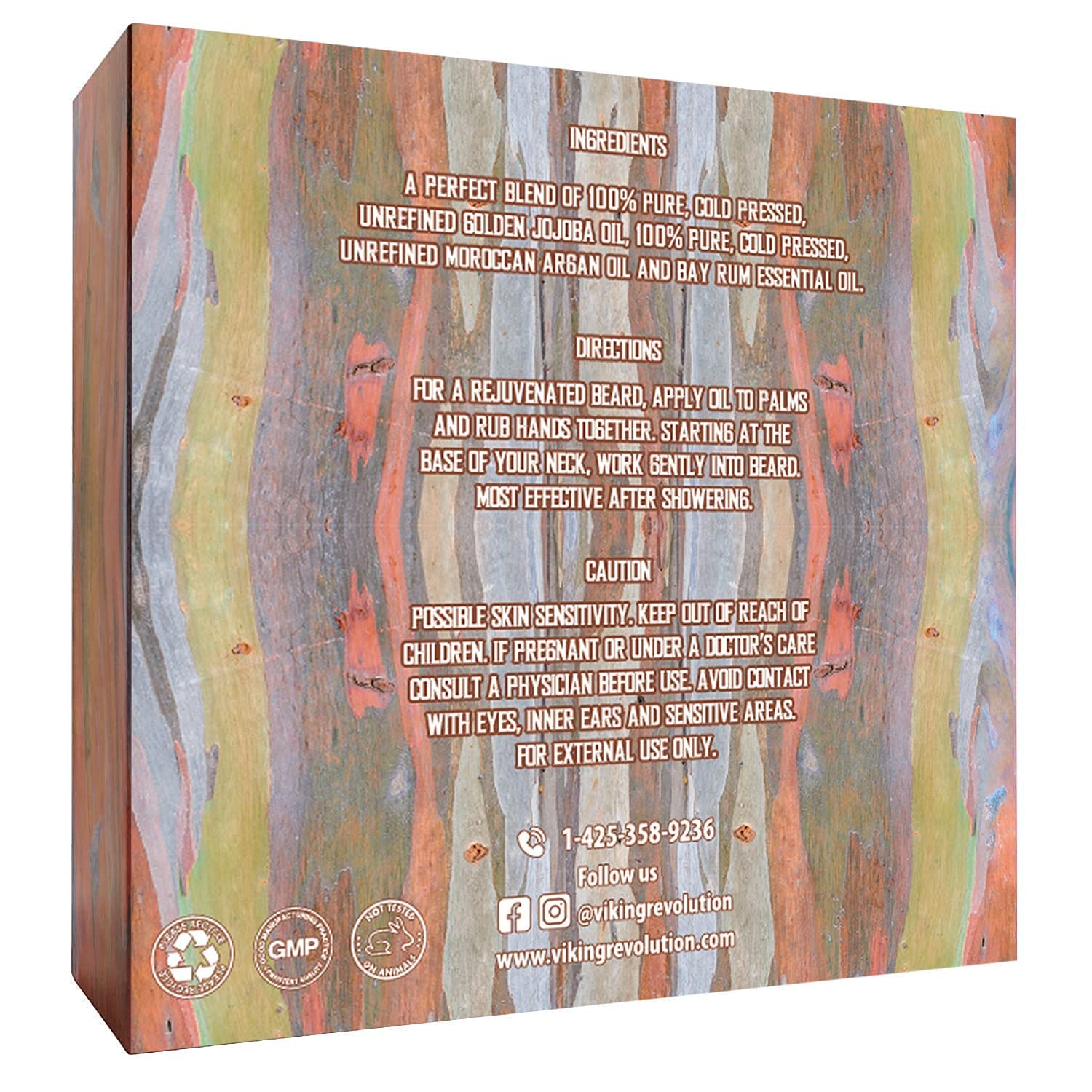 Bay Rum Beard Oil 3 Pack, 1oz: Ingredients, directions, and cautions on wooden box.