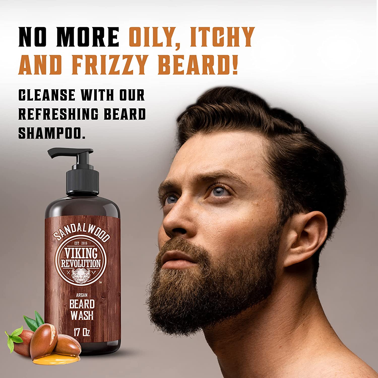 A man with a styled beard stands next to a bottle of Sandalwood Beard Wash & Conditioner Set - 17oz on a promotional poster, emphasizing its all-natural ingredients that support healthy beard growth.